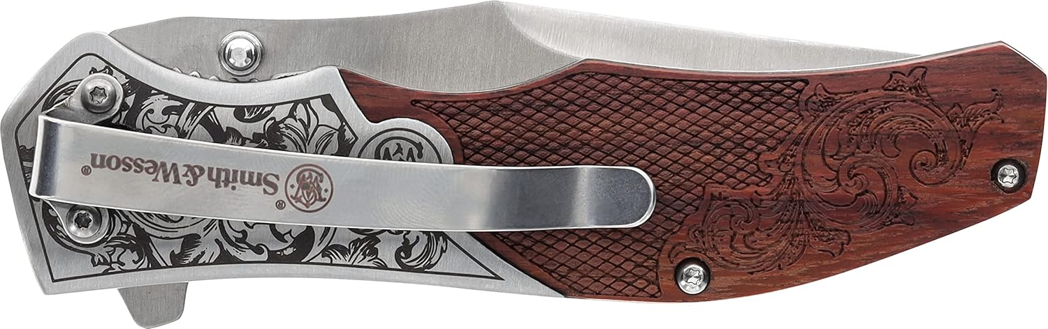 Smith & Wesson Accessories Smith & Wesson Unwavered Folder Featuring Engraved Rosewood Handle, Drop Point Blade, and 8Cr13MoV Stainless Steel-4