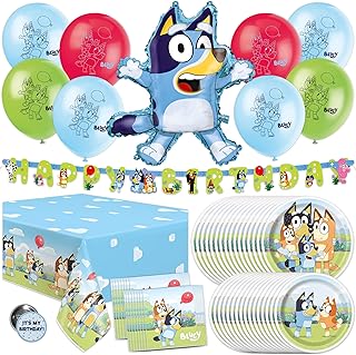 Unique Bluey Birthday Party Supplies | Bluey Party Supplies | Bluey Birthday Decorations | Bluey Party Decorations | With Bluey Balloons, Banner, Tablecover, Bluey Plates, Bluey Napkins, Button