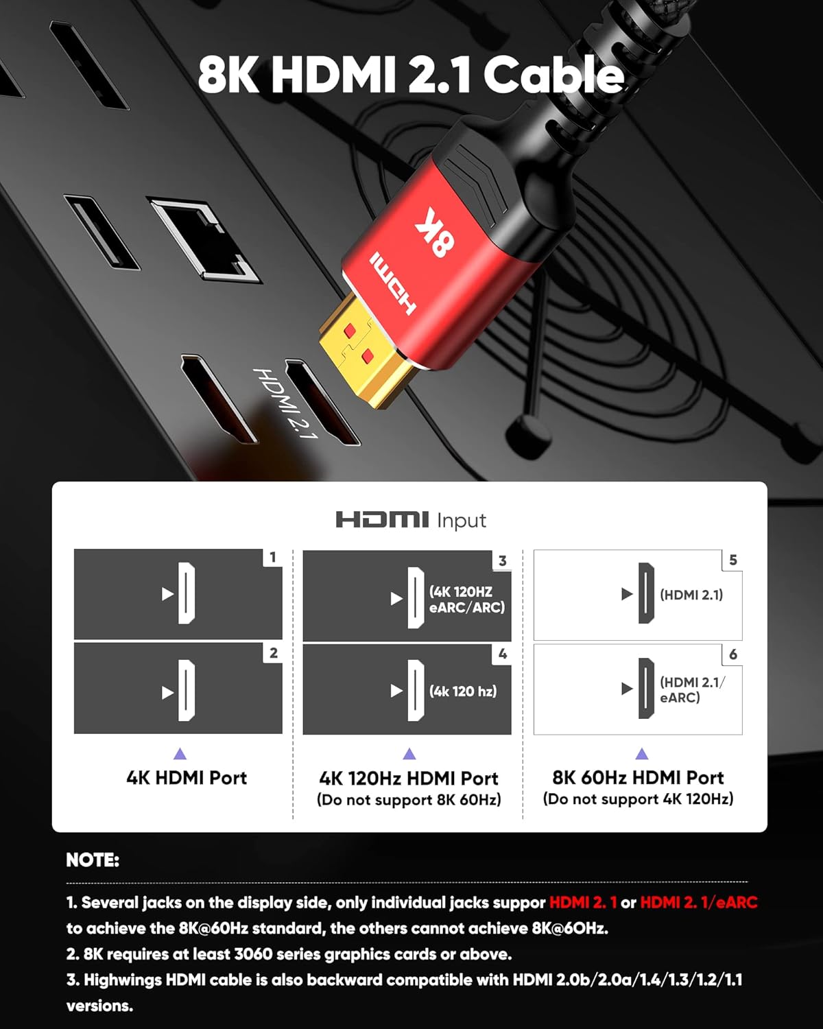 Highwings 8K 10K HDMI 2.1 Cable 6.6FT/2M 2-Pack, Certified Ultra High Speed HDMI Cable Braided Cord-4K@120Hz 8K@60Hz, DTS:X, HDCP 2.2 & 2.3, HDR 10 Compatible with Roku TV/PS5/HDTV/Blu-ray-1