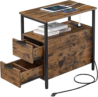 VASAGLE Side Table with Charging Station, Narrow End Table with 2 Drawers, Slim Nightstand and Bedside Table with Storage, for Small Spaces, Rustic Brown + Black