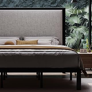 Allewie King Bed Frame with 47'' Tall Upholstered Headboard, High Metal Bed Frame with 12'' Under-Bed Storage Space/Wood Slats Support/Easy Assembly/No Box Spring Need/Noise-Free/Grey