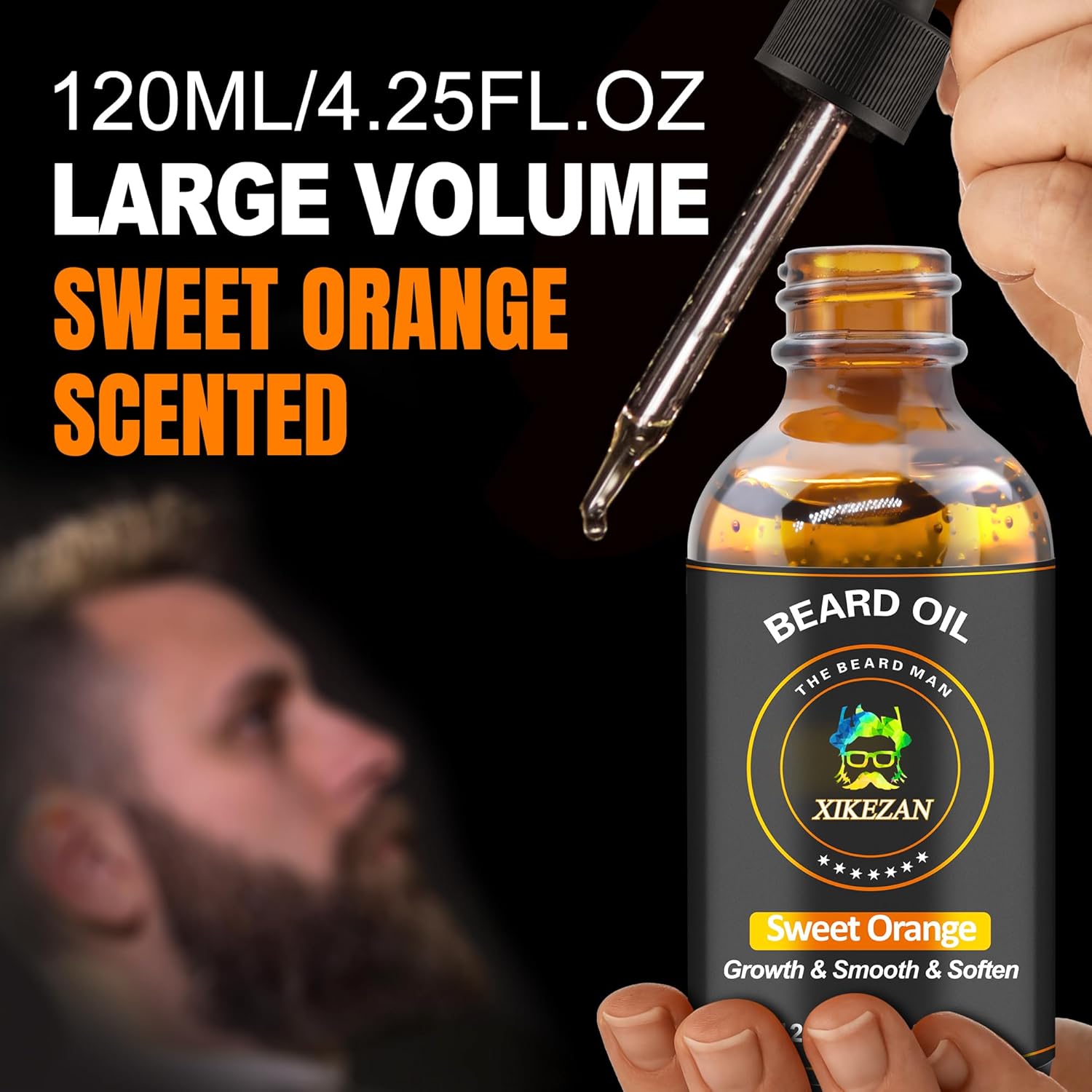 Beard Oil,120ml/4.25fl.oz Oil Promote Large Volume Beard Growth,Leave in Conditioner Beard Care Natural Sweet Orange Scent Mustaches Growth Soften Strength,Gifts for Men Him Dad-2