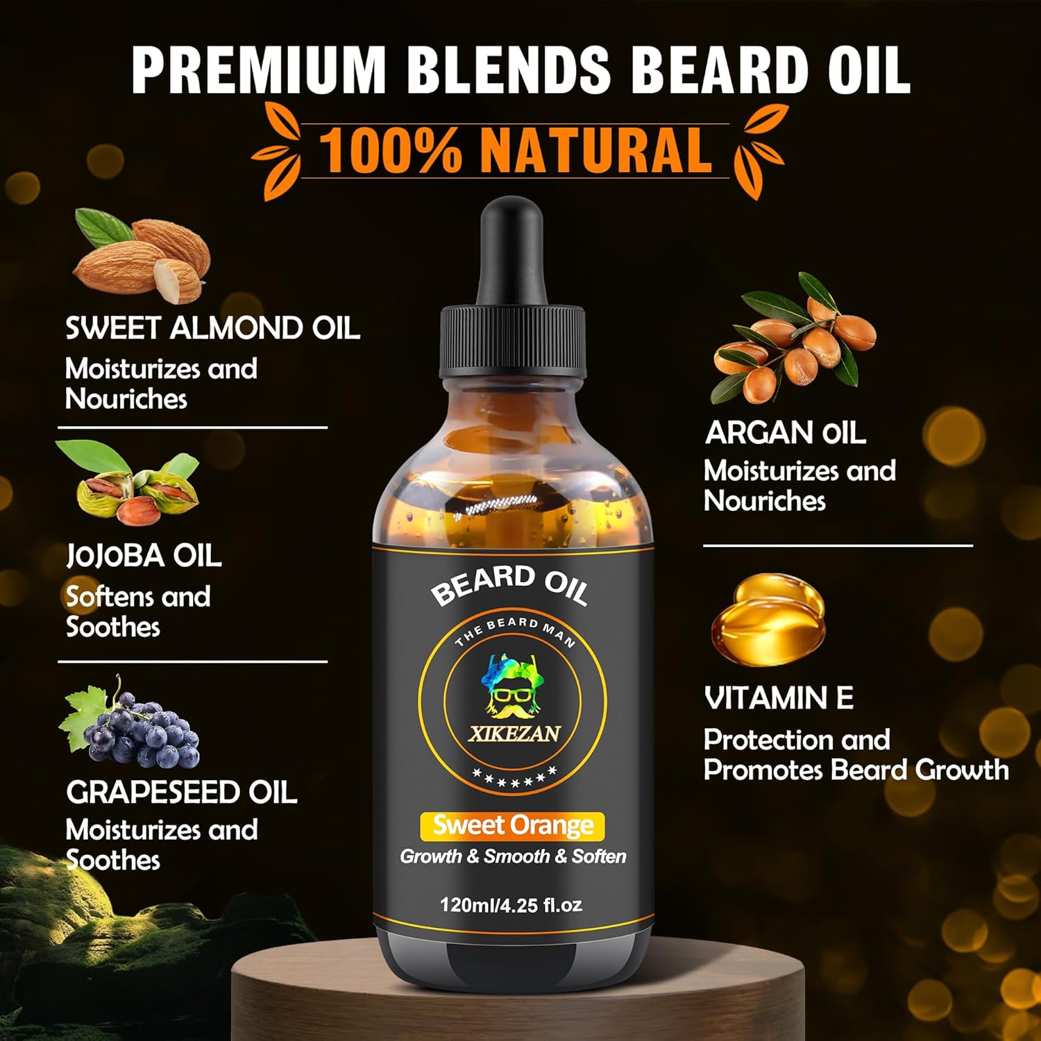 Beard Oil,120ml/4.25fl.oz Oil Promote Large Volume Beard Growth,Leave in Conditioner Beard Care Natural Sweet Orange Scent Mustaches Growth Soften Strength,Gifts for Men Him Dad-3