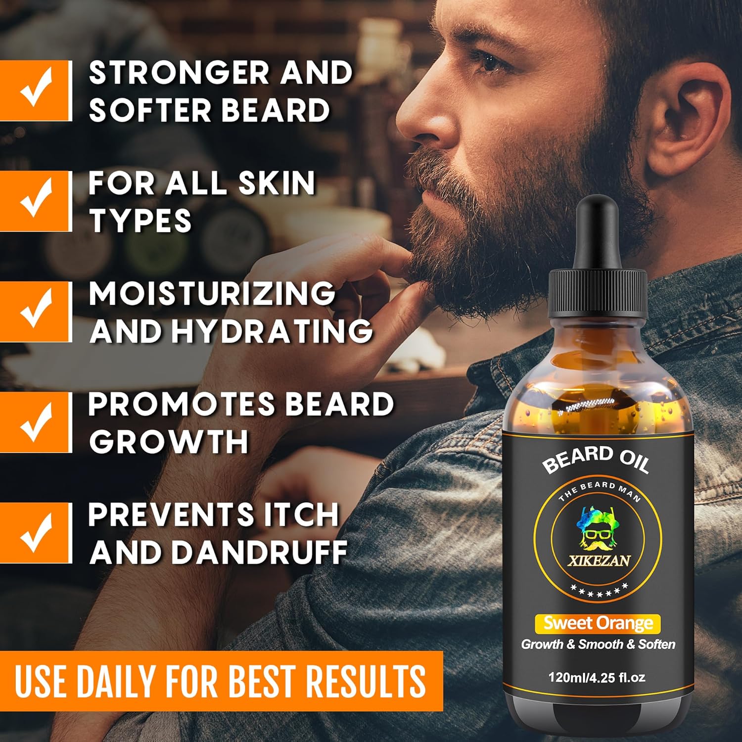 Beard Oil,120ml/4.25fl.oz Oil Promote Large Volume Beard Growth,Leave in Conditioner Beard Care Natural Sweet Orange Scent Mustaches Growth Soften Strength,Gifts for Men Him Dad-4