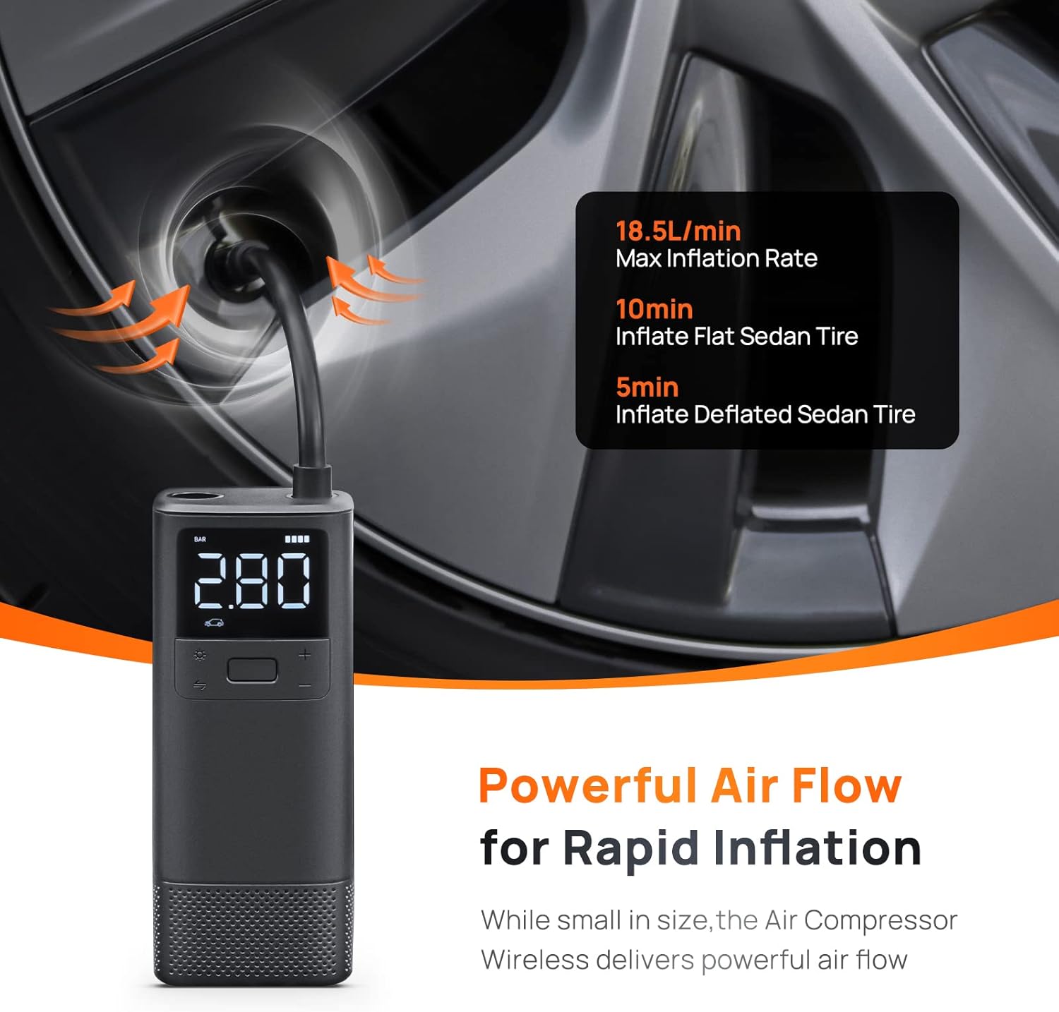 70mai Tire Inflator Portable Air Compressor TP05, 2500 mAh with LED Light and Pressure Gauge, 150PSI Fast Inflation and Tire Pressure Preset, Suitable for Car Tires, bick, Motorcycles, Balls-2