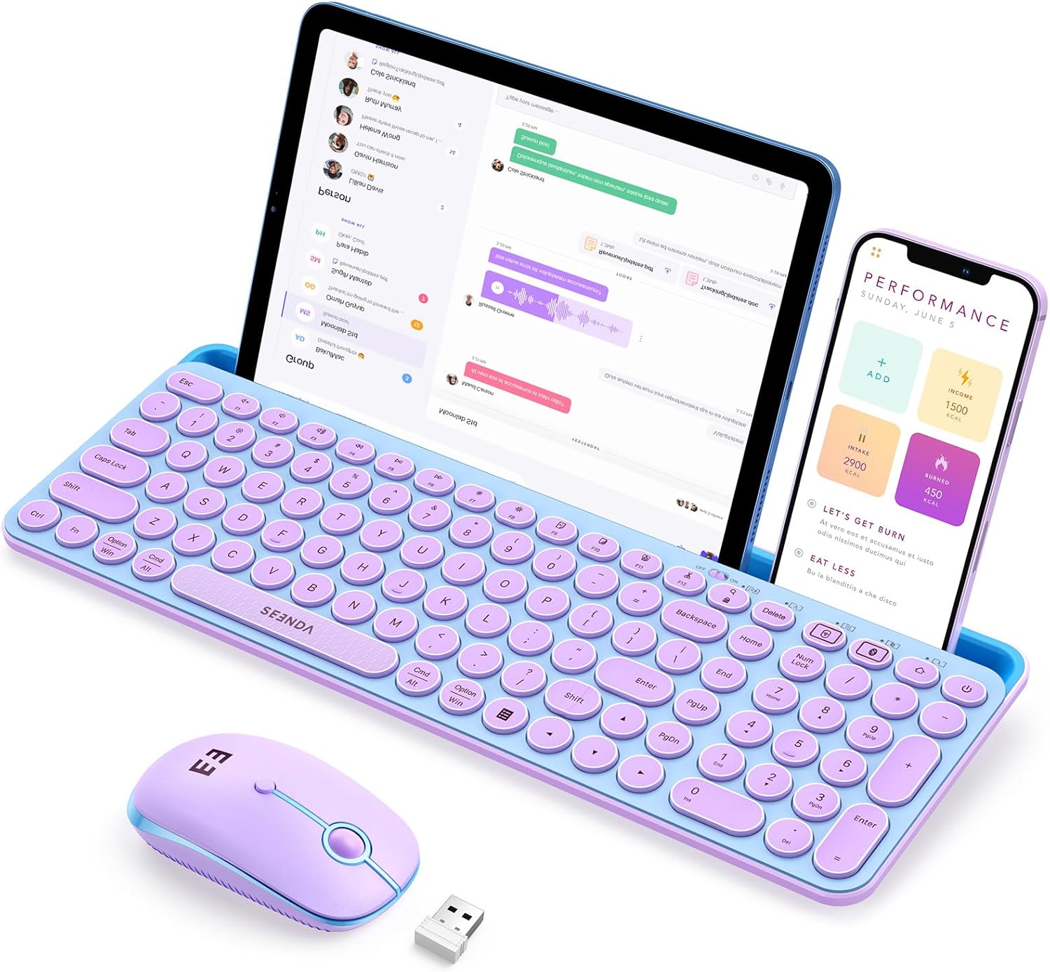 seenda Bluetooth Keyboard and Mouse for iPad, Multi-Device Bluetooth + 2.4G Wireless Keyboard Mouse with Tablet Holder for MacBook/Windows Computer, iOS/Andriod Tablet Phone, Blue & Purple-0