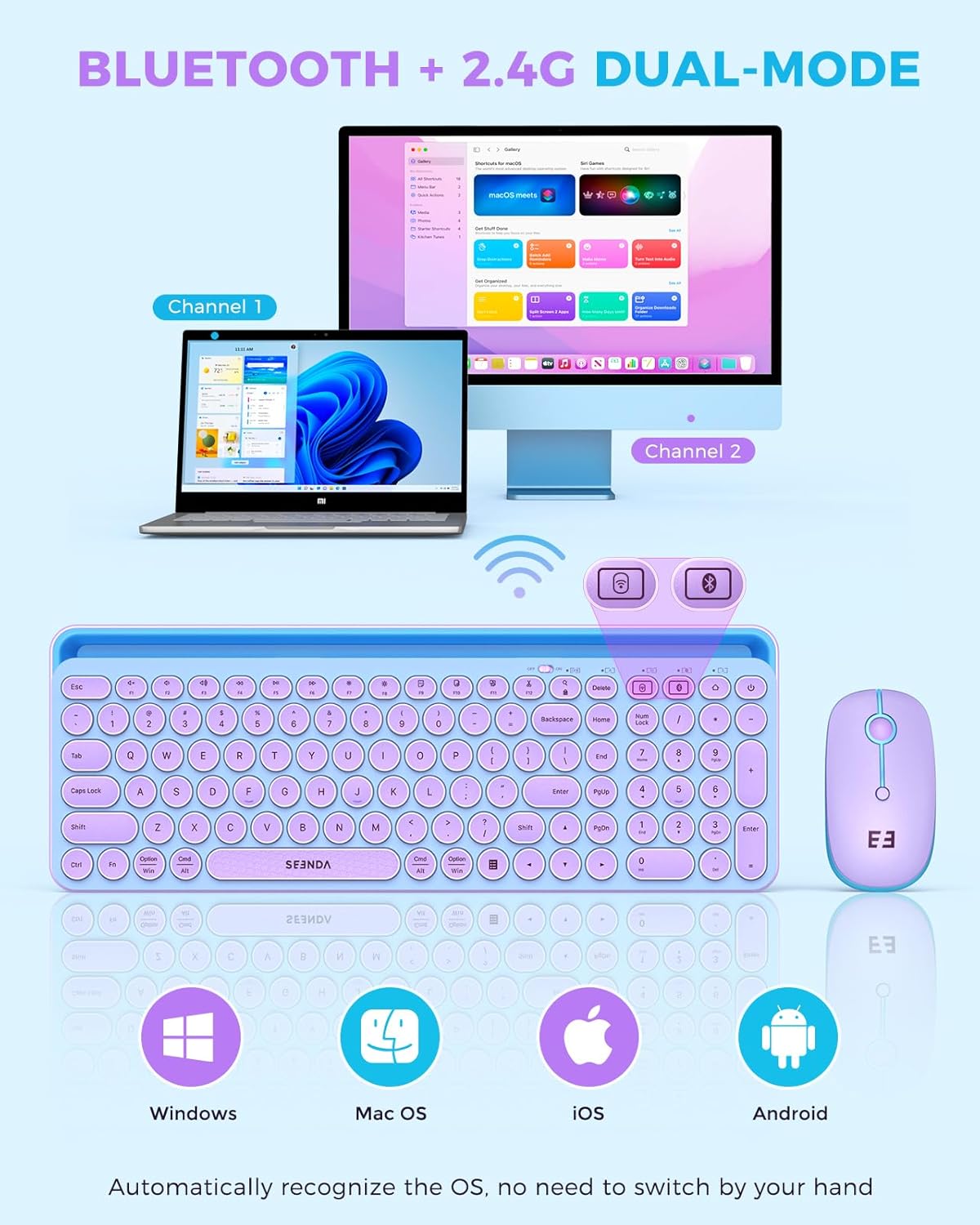 seenda Bluetooth Keyboard and Mouse for iPad, Multi-Device Bluetooth + 2.4G Wireless Keyboard Mouse with Tablet Holder for MacBook/Windows Computer, iOS/Andriod Tablet Phone, Blue & Purple-1