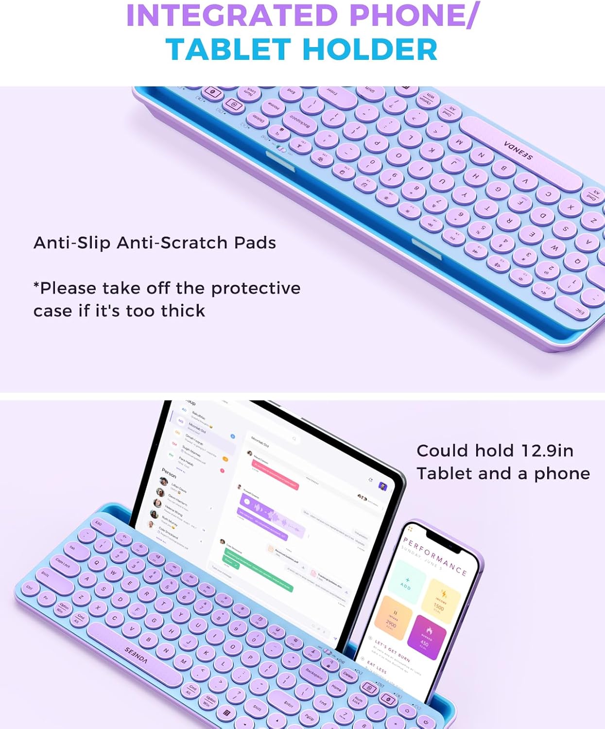 seenda Bluetooth Keyboard and Mouse for iPad, Multi-Device Bluetooth + 2.4G Wireless Keyboard Mouse with Tablet Holder for MacBook/Windows Computer, iOS/Andriod Tablet Phone, Blue & Purple-2