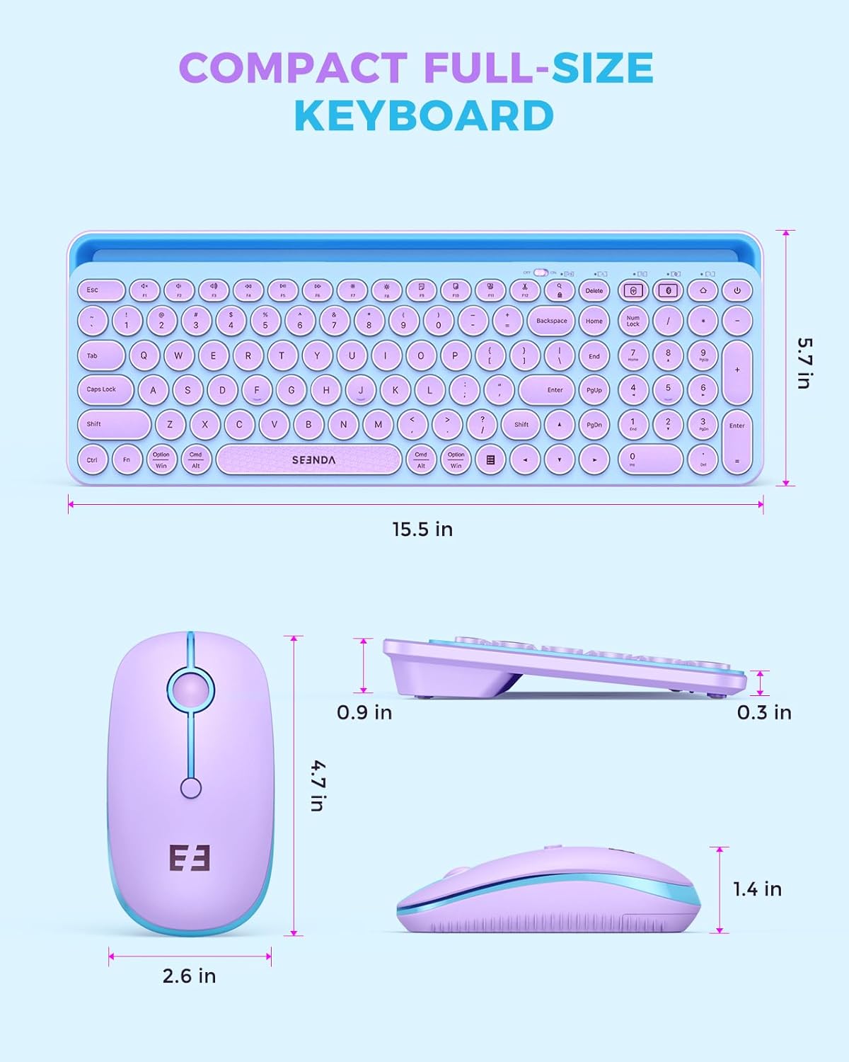 seenda Bluetooth Keyboard and Mouse for iPad, Multi-Device Bluetooth + 2.4G Wireless Keyboard Mouse with Tablet Holder for MacBook/Windows Computer, iOS/Andriod Tablet Phone, Blue & Purple-5