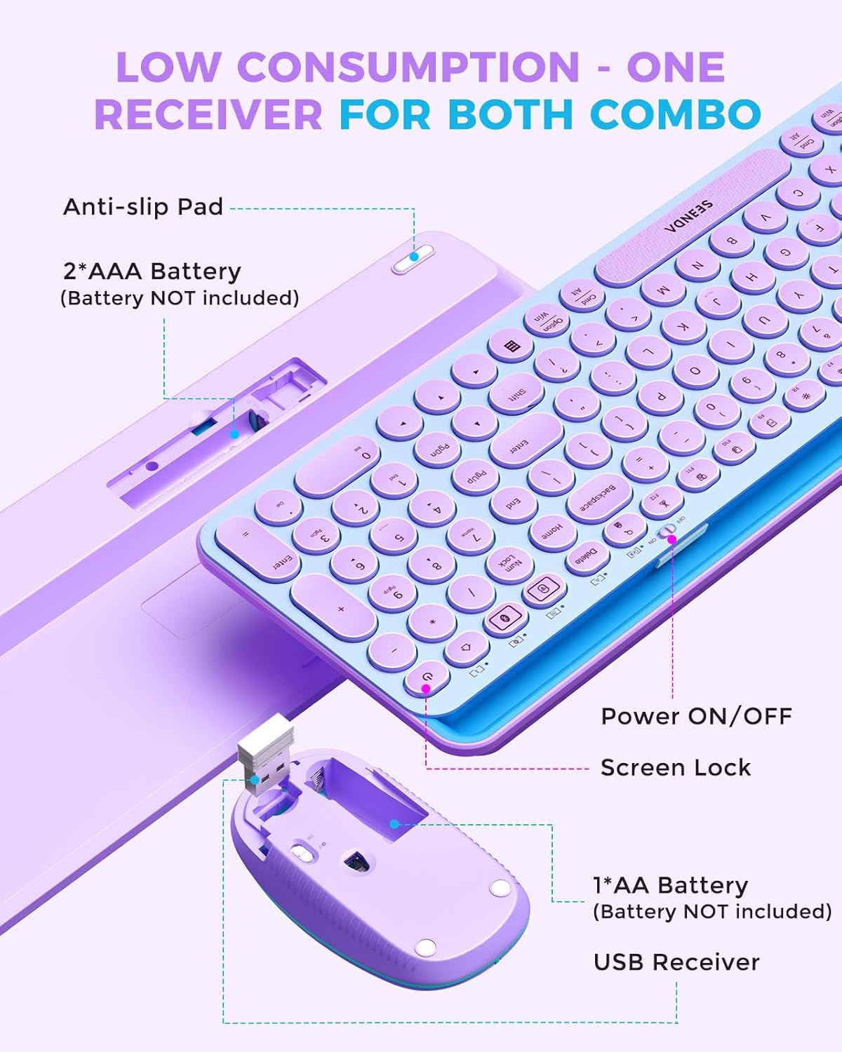 seenda Bluetooth Keyboard and Mouse for iPad, Multi-Device Bluetooth + 2.4G Wireless Keyboard Mouse with Tablet Holder for MacBook/Windows Computer, iOS/Andriod Tablet Phone, Blue & Purple-6