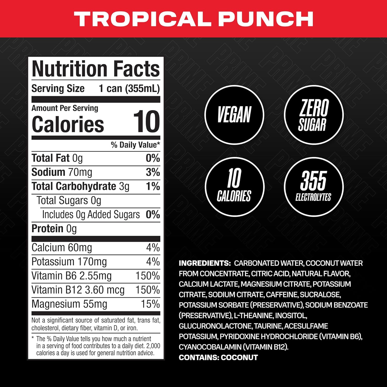 PRIME Energy TROPICAL PUNCH | Zero Sugar Energy Drink | Preworkout Energy | 200mg Caffeine with 355mg of Electrolytes and Coconut Water for Hydration| Vegan | Gluten Free |12 Fluid Ounce | 12 Pack-1