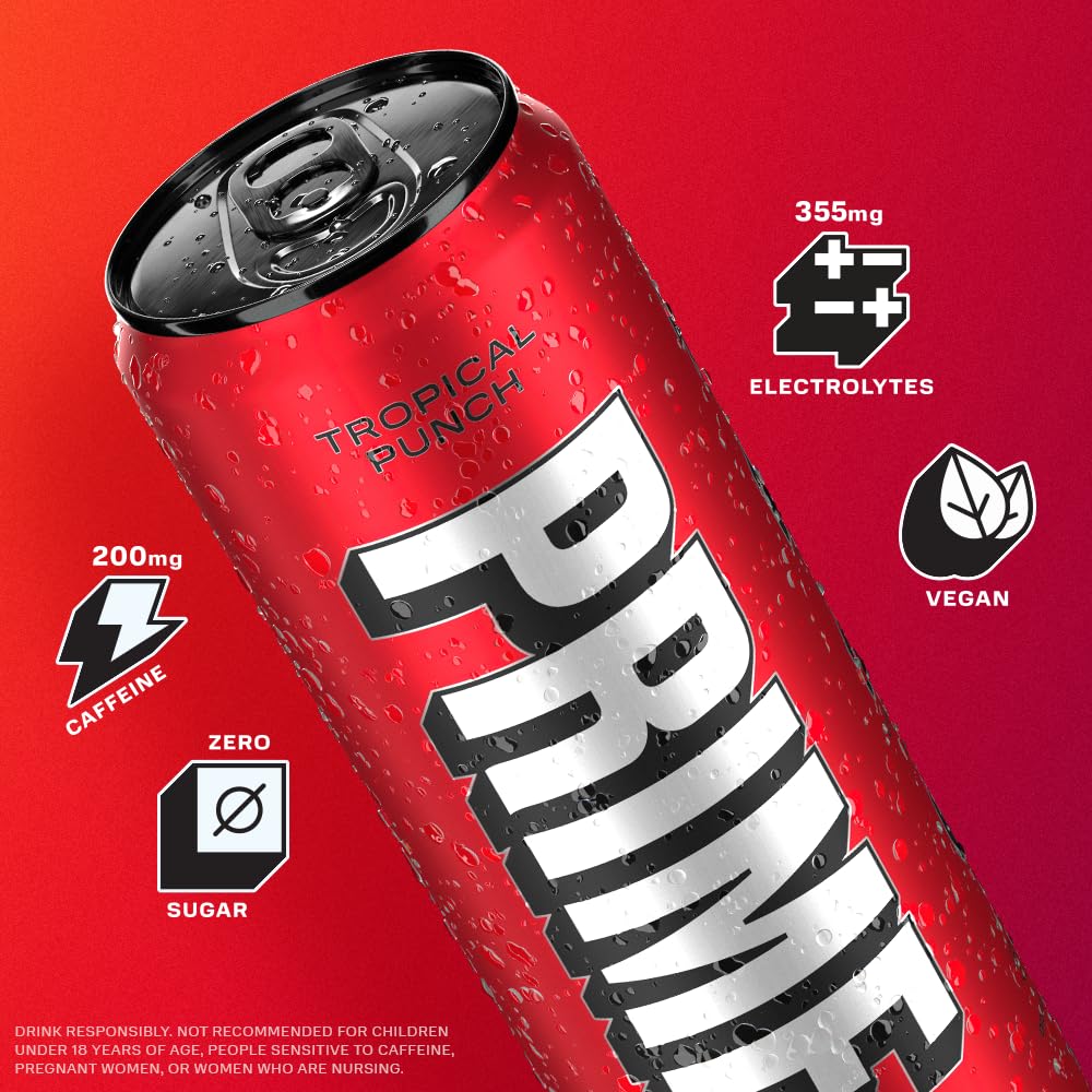 PRIME Energy TROPICAL PUNCH | Zero Sugar Energy Drink | Preworkout Energy | 200mg Caffeine with 355mg of Electrolytes and Coconut Water for Hydration| Vegan | Gluten Free |12 Fluid Ounce | 12 Pack-3