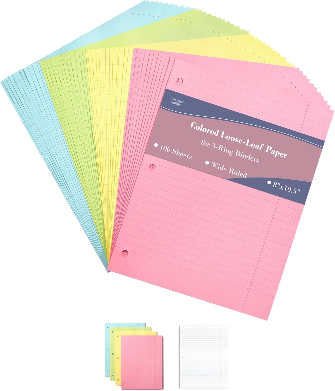 Mr. Pen- Colored Loose Leaf Paper Wide Ruled, 100 Sheets, 8” x 10.5”, 3- Hole Punched, Notebook Paper, Lined Paper, Binder Paper, Writing Paper, Filler Paper, Wide Ruled Notebook Paper-0