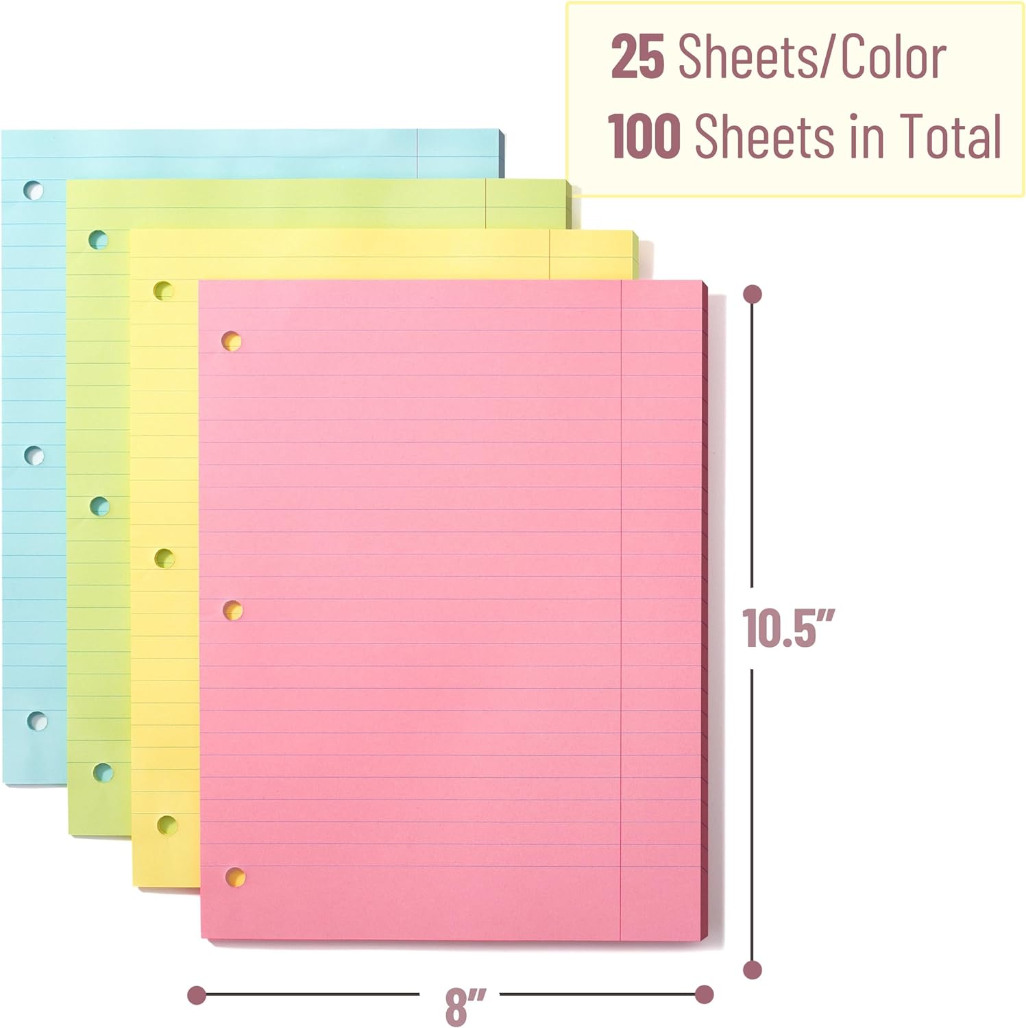 Mr. Pen- Colored Loose Leaf Paper Wide Ruled, 100 Sheets, 8” x 10.5”, 3- Hole Punched, Notebook Paper, Lined Paper, Binder Paper, Writing Paper, Filler Paper, Wide Ruled Notebook Paper-1