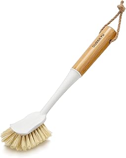 SUBEKYU Dish Brush with Handle, Natural Bamboo Dish Scrubber Brush, Kitchen Dishwashing Brush for Cleaning Dishes/Pans/Pots/Sinks, Built-in Scraper, Sisal Bristles, 1P