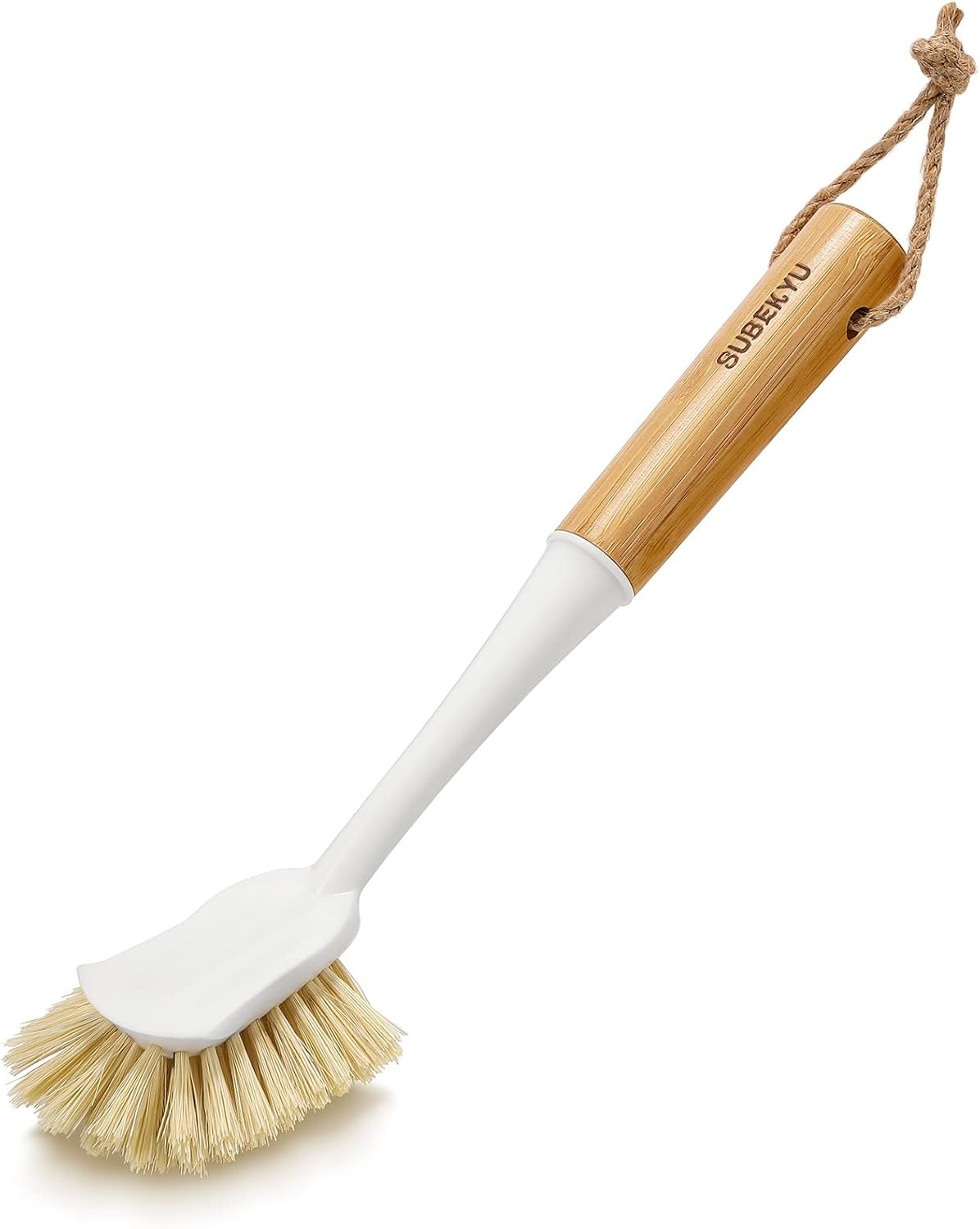 SUBEKYU Dish Brush with Handle, Natural Bamboo Dish Scrubber Brush, Kitchen Dishwashing Brush for Cleaning Dishes/Pans/Pots/Sinks, Built-in Scraper, Sisal Bristles, 1P-0