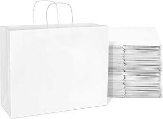 Prime Line Packaging 16x6x12 200 Pack Boutique Bags, Small Business, Food Storage Bags, White Kraft Paper Bags, Large Shopping Bags with Handles, Bulk