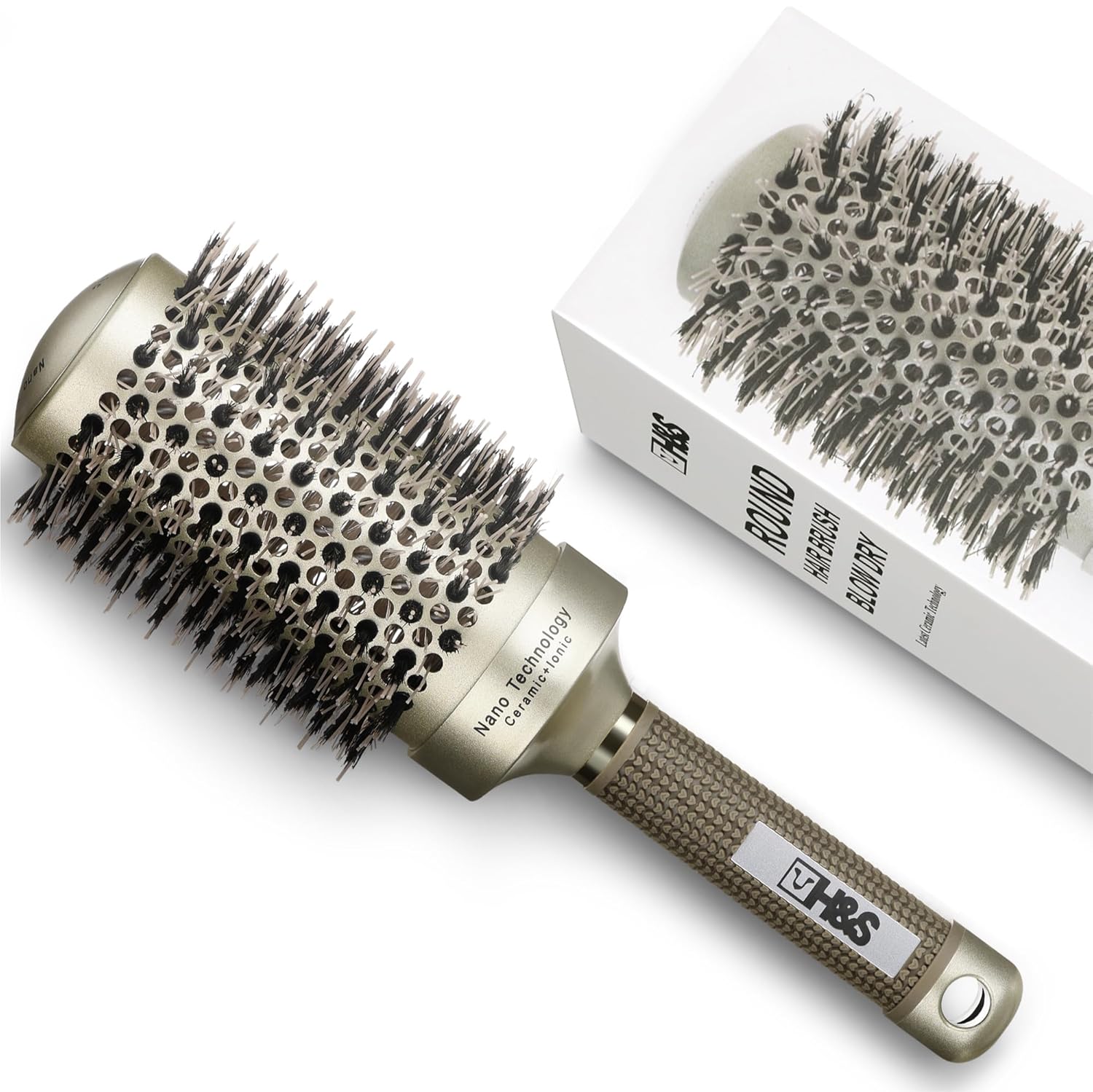 H&S Wooden Round Hair Brush - ⌀ 85mm (3.3") - Natural Boar Bristle Hairbrush for Blow Drying and Quiff Styling - Small Circlular Roll Brush for Women and Men - Gold-0