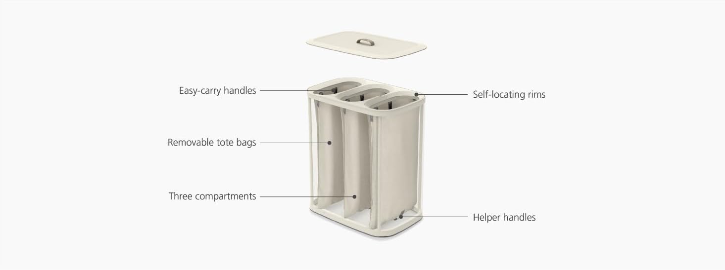 Joseph Joseph Tota - Trio 90-liter Laundry Hamper Separation Basket with lid, 3 Removable Washing Bags with Handles- Ecru-5