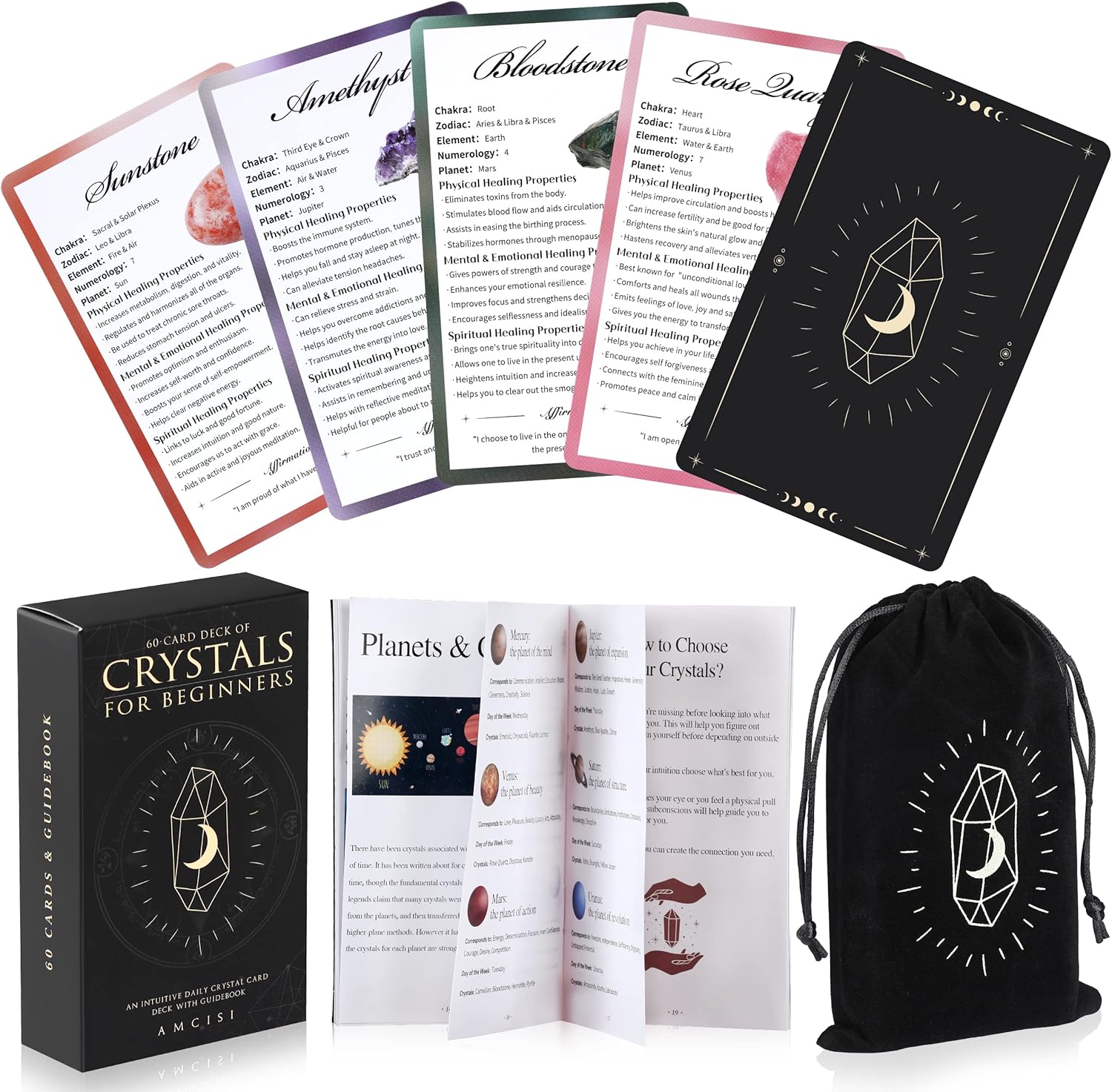 Healing Crystals for Beginners: 60-Card Deck of Crystals and Healing Stones, Crystal Oracle Cards with Meaning on Them, Oracle Cards Deck with Guidebook, Inspiration Cards Meditation Gifts-0