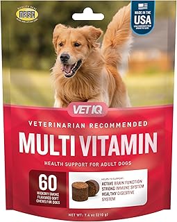 VetIQ Multivitamin Supplement for Dogs, Supports Active Brain Function, Immune System, and Digestive System, Hickory Smoke Flavored Dog Multivitamin, Made in The USA, 60 Count