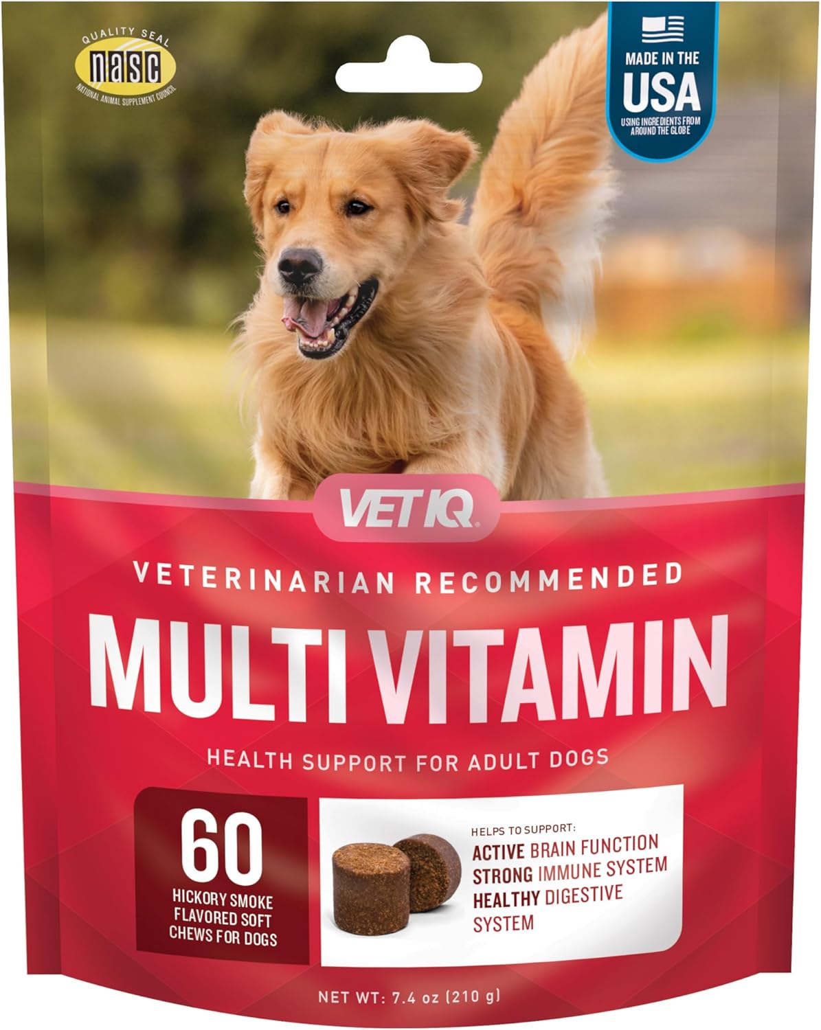 VetIQ Multivitamin Supplement for Dogs, Supports Active Brain Function, Immune System, and Digestive System, Hickory Smoke Flavored Dog Multivitamin, Made in The USA, 60 Count-0