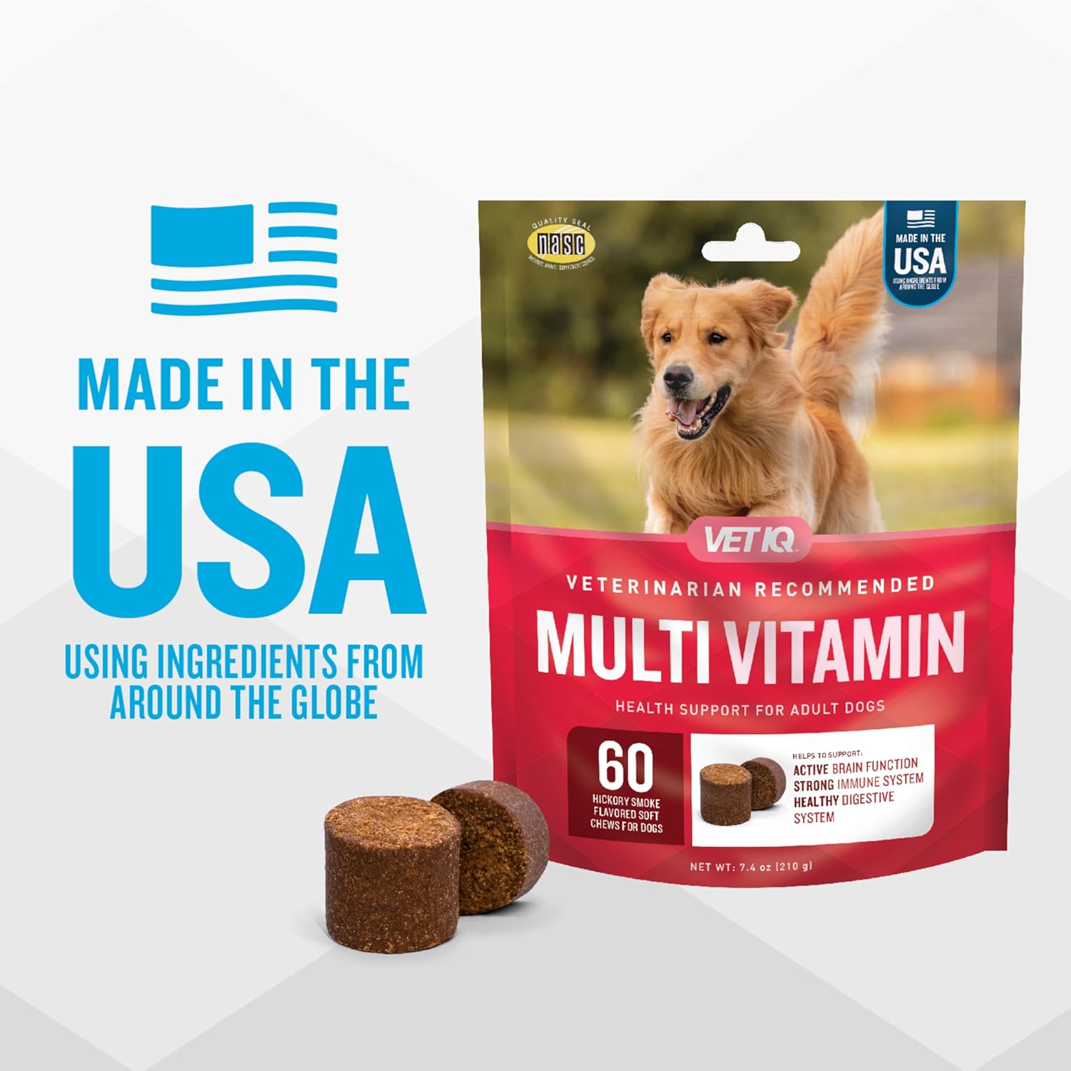 VetIQ Multivitamin Supplement for Dogs, Supports Active Brain Function, Immune System, and Digestive System, Hickory Smoke Flavored Dog Multivitamin, Made in The USA, 60 Count-4