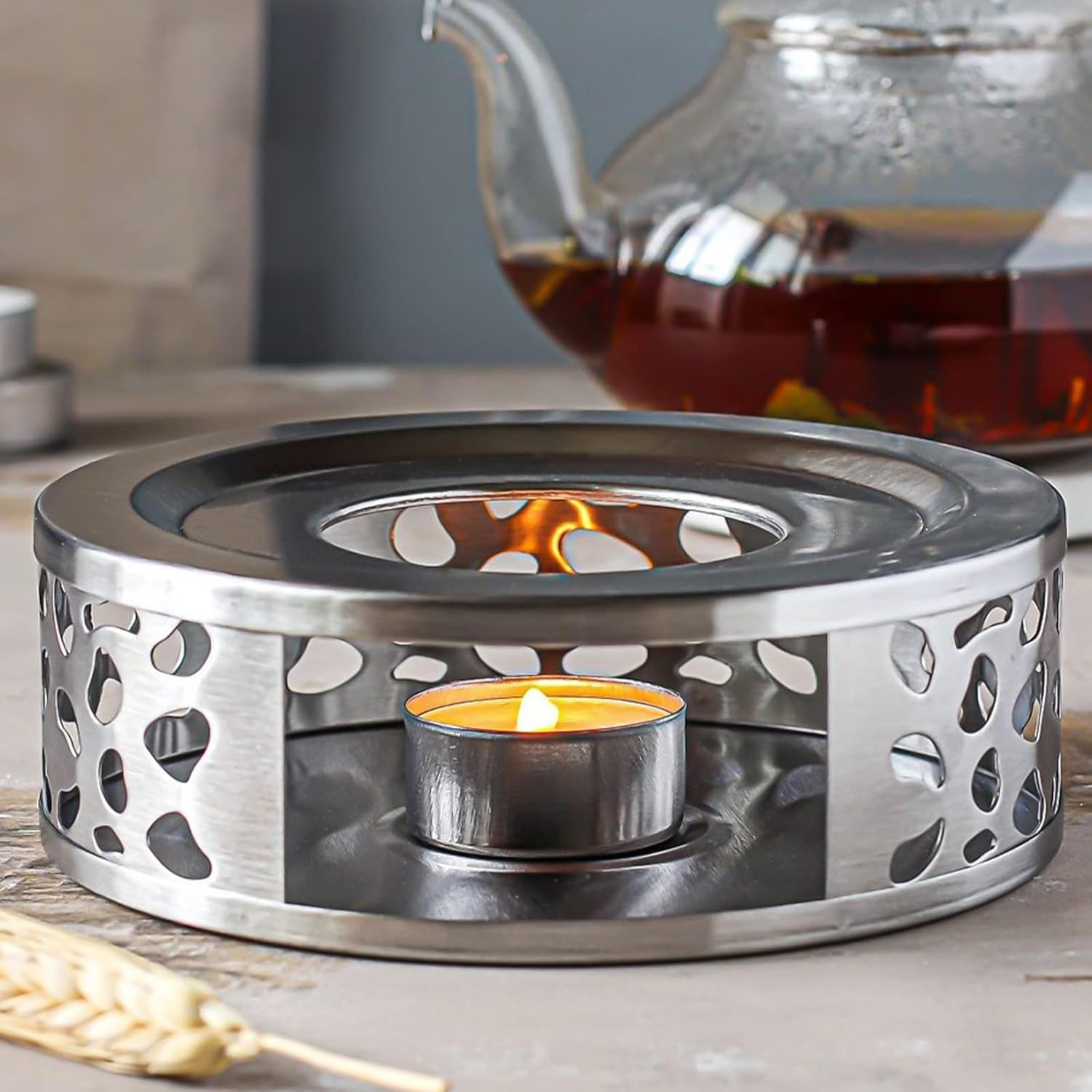 KEILEOHO 3 PCS Teapot Warmer, Stainless Steel Teapot Warmer, Metal Teapot Heater with Tealight Candle Holder, Brushed Coffee Tea Warmer Base for Glass or Ceramic Teapot, Silver-5