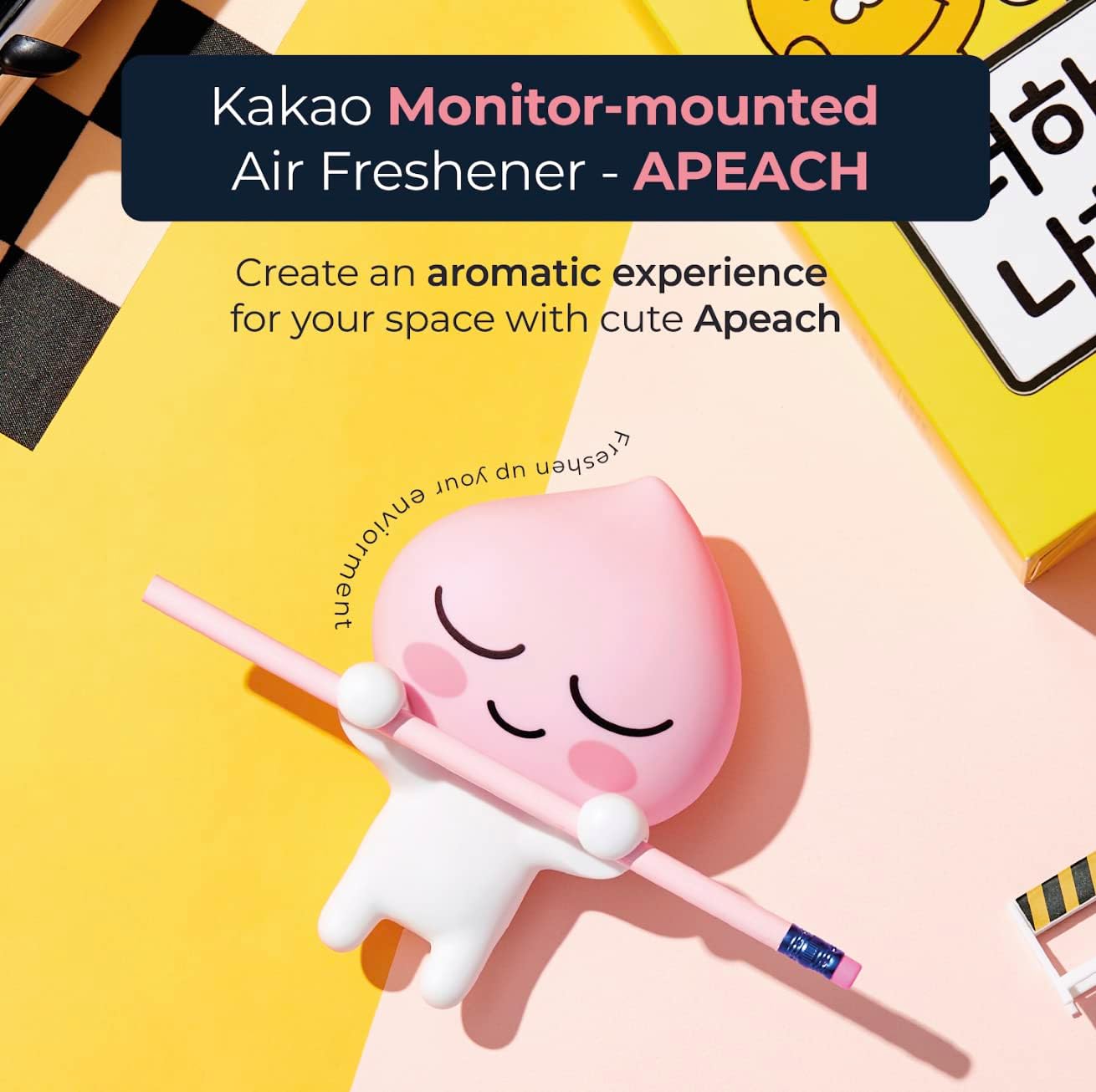 AURA Monitor-Mounted Air Freshener, Apeach (Will You Marry Me, 0.15fl oz) - Odor Fighting for Car, Laptop, TV, Home. Kakao Friends Figurine. No Spill Air Freshener, Accessories.-1