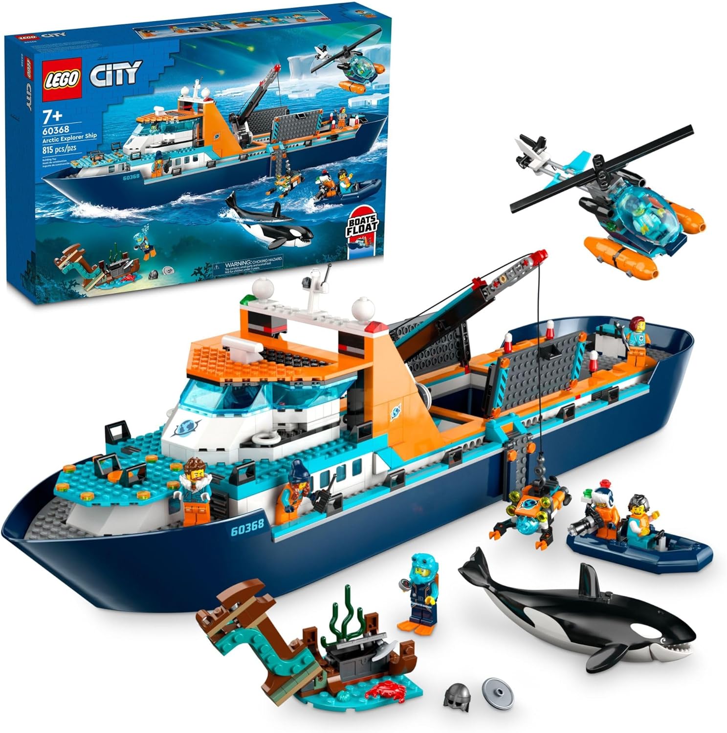 LEGO City Arctic Explorer Ship 60368 Building Toy Set, Fun Toy Gift for 7 Year Old Boys and Girls, with a Floatable Boat, Helicopter, Dinghy, ROV Sub, Viking Shipwreck, 7 Minifigures and an Orca-0