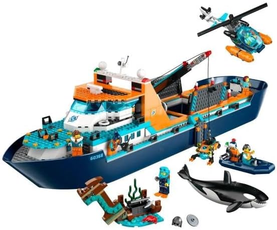 LEGO City Arctic Explorer Ship 60368 Building Toy Set, Fun Toy Gift for 7 Year Old Boys and Girls, with a Floatable Boat, Helicopter, Dinghy, ROV Sub, Viking Shipwreck, 7 Minifigures and an Orca-3