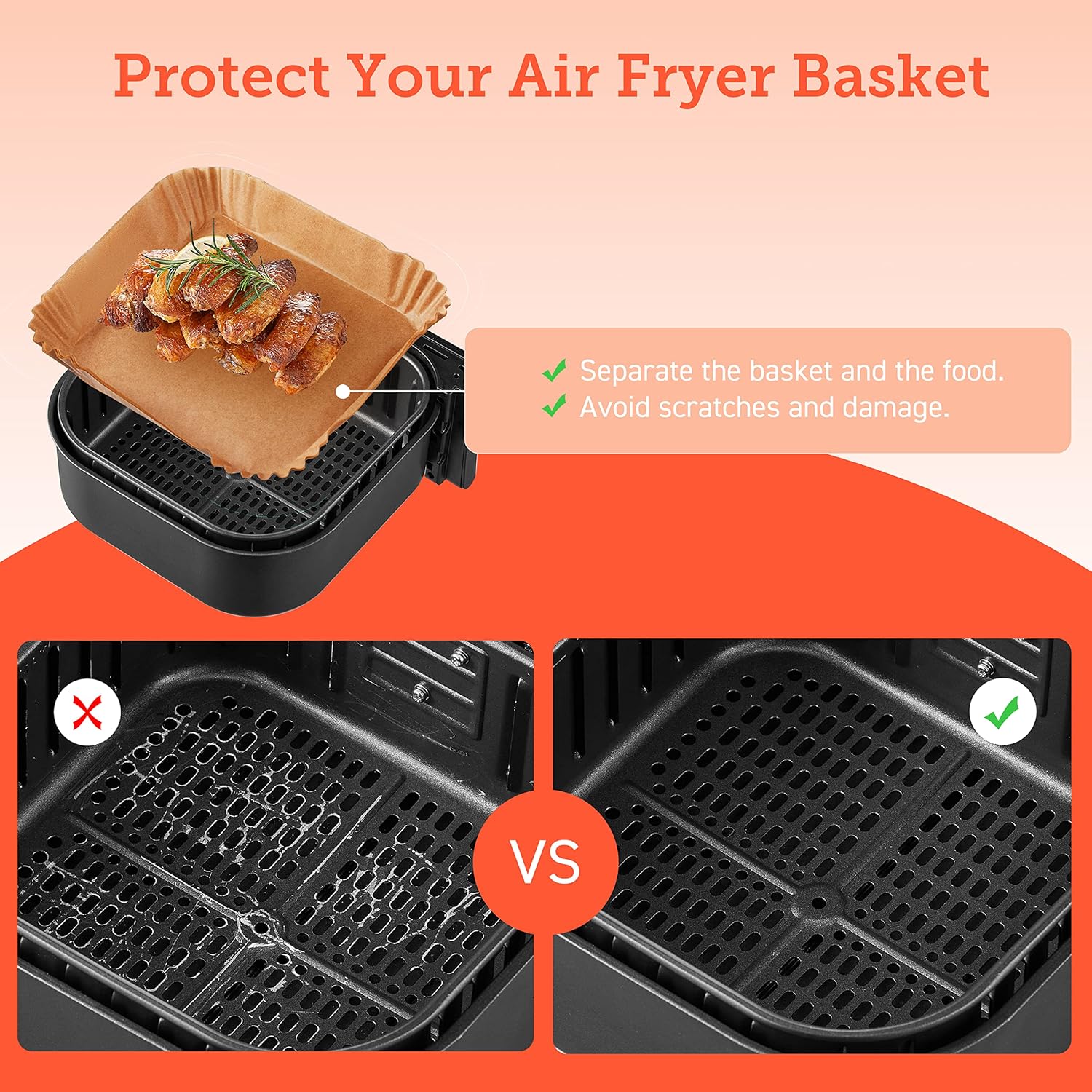 COSORI Air Fryer Liners, 100 PCS Square Disposable Paper Liners, Non-Stick Silicone Oil Coating, Little to No Cleaning, 7.9" Unbleached Food Grade, Resistant to 465°F, Thickened Not Easy to Break-5