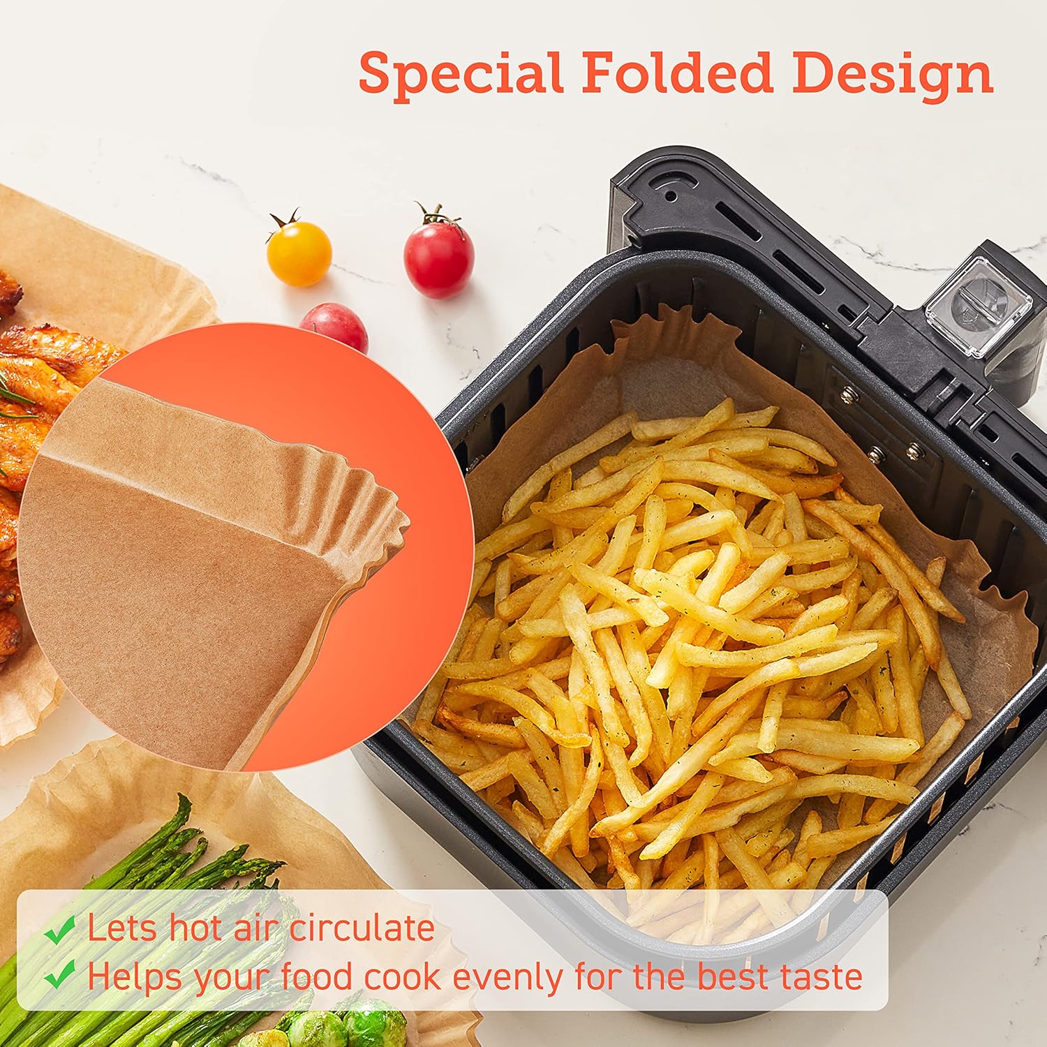 COSORI Air Fryer Liners, 100 PCS Square Disposable Paper Liners, Non-Stick Silicone Oil Coating, Little to No Cleaning, 7.9" Unbleached Food Grade, Resistant to 465°F, Thickened Not Easy to Break-6