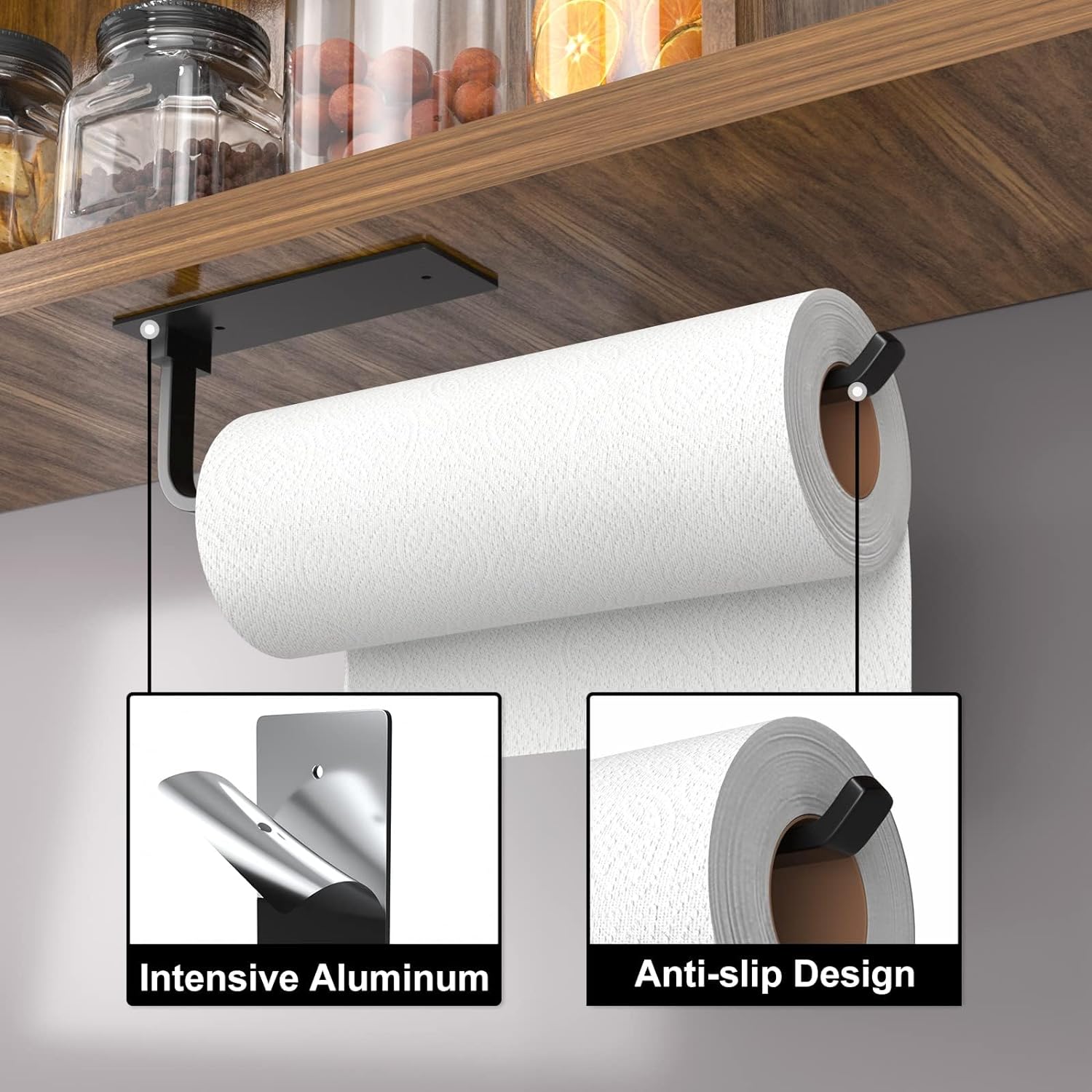 Paper Towel Holder - Self-Adhesive or Drilling, Matte Black Paper Towel Rack Under Cabinet for Kitchen, Upgraded Aluminum Kitchen Roll Holder - Lighter but Stronger Than Stainless Steel!-1