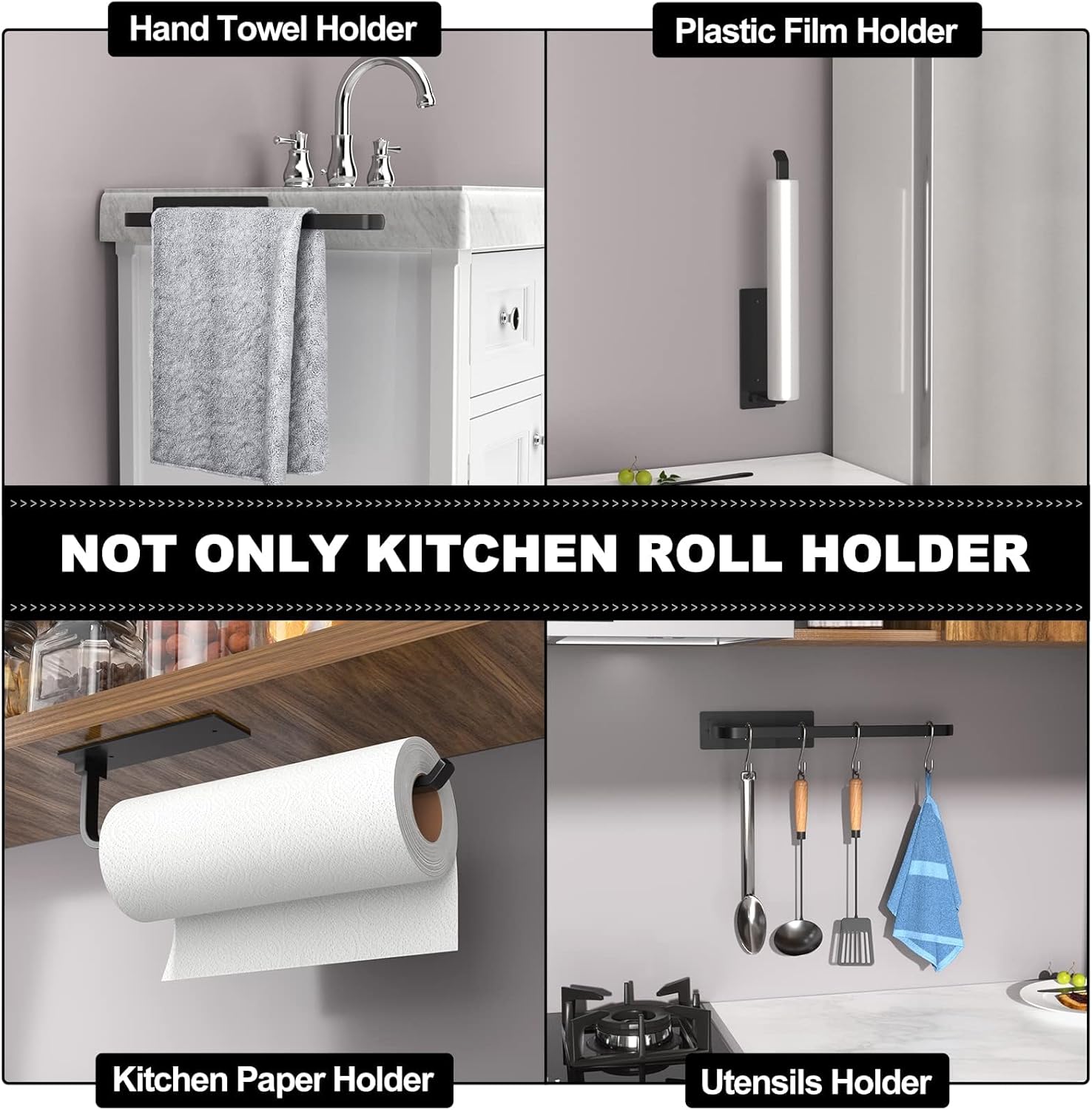 Paper Towel Holder - Self-Adhesive or Drilling, Matte Black Paper Towel Rack Under Cabinet for Kitchen, Upgraded Aluminum Kitchen Roll Holder - Lighter but Stronger Than Stainless Steel!-3