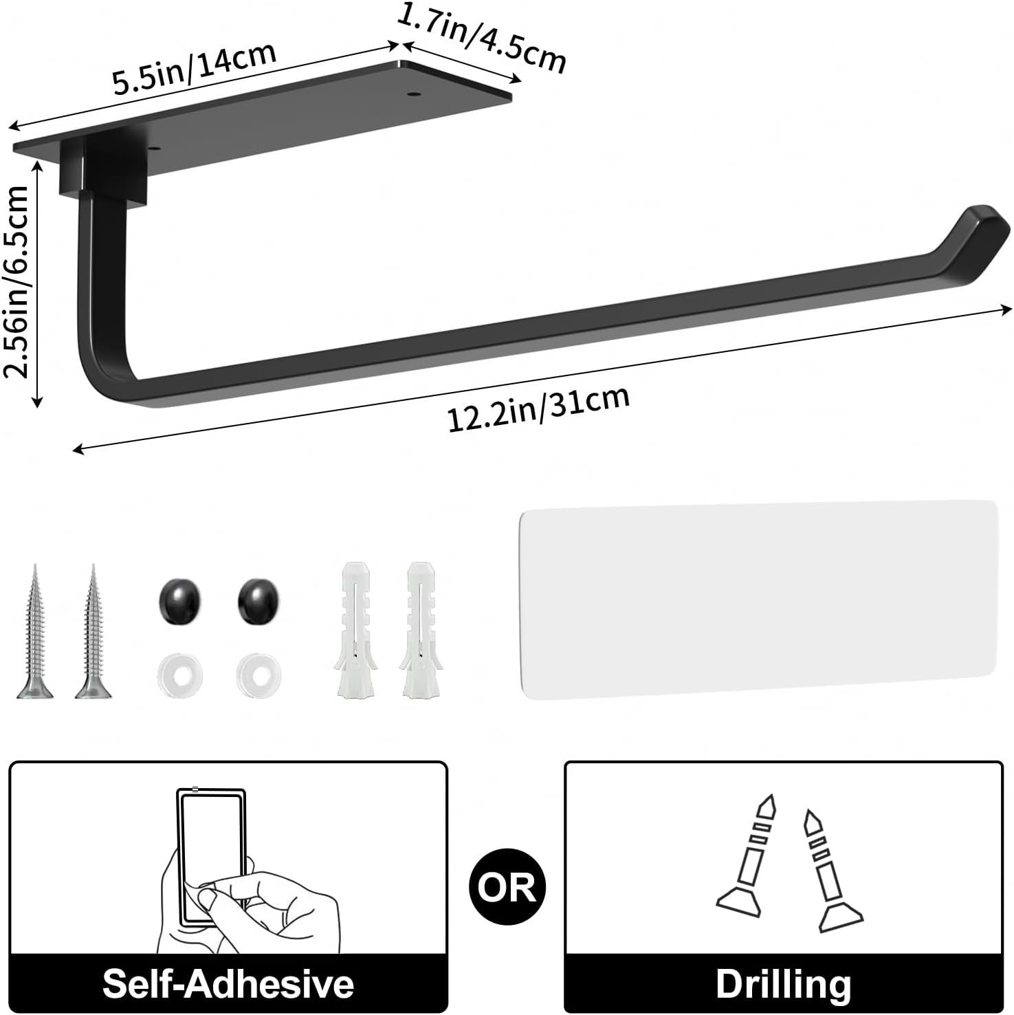 Paper Towel Holder - Self-Adhesive or Drilling, Matte Black Paper Towel Rack Under Cabinet for Kitchen, Upgraded Aluminum Kitchen Roll Holder - Lighter but Stronger Than Stainless Steel!-4