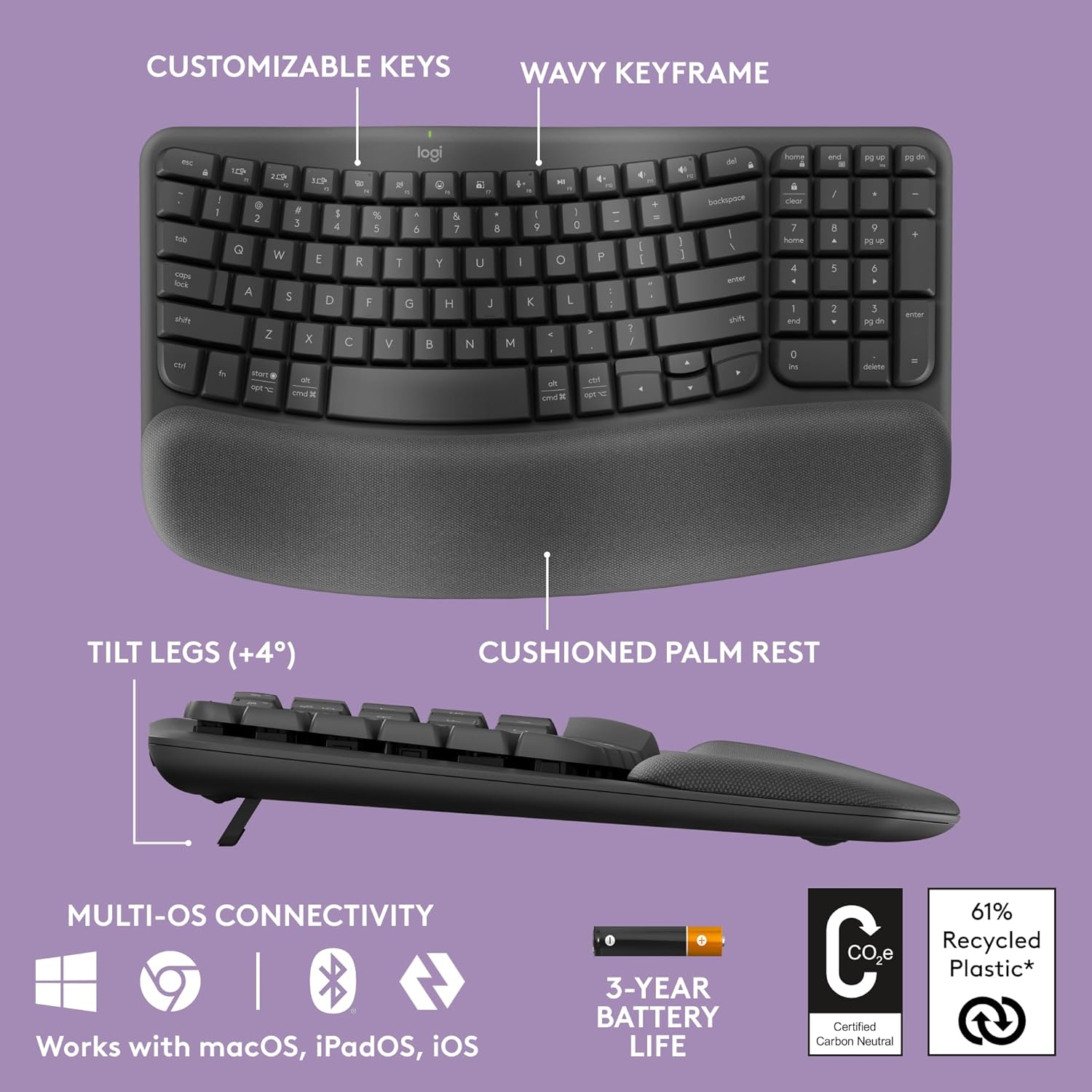 Logitech Wave Keys Wireless Ergonomic Keyboard with Cushioned Palm Rest, Comfortable Natural Typing, Easy-Switch, Bluetooth, Logi Bolt Receiver, for Multi-OS, Windows/Mac - Graphite-5