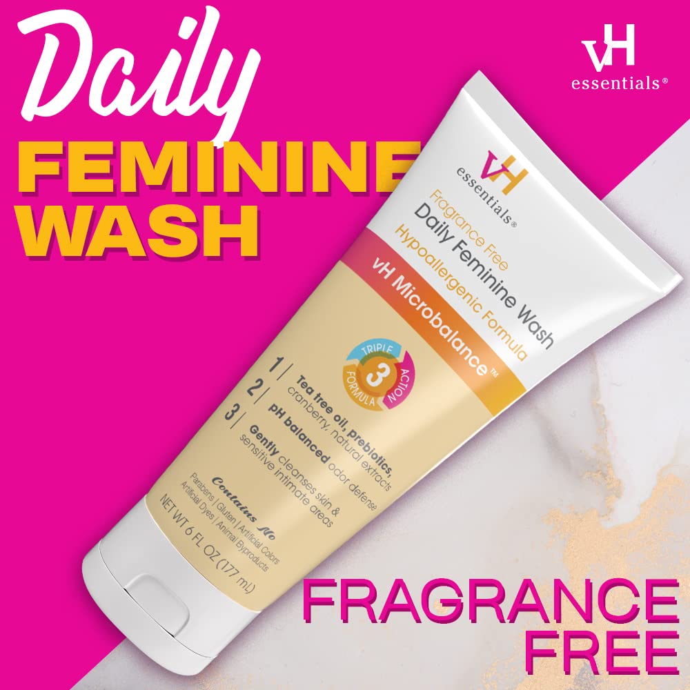 vH essentials Daily Feminine Wash - Fragrance Free, Hypoallergenic with Tea Tree Oil & Prebiotic - For Ph Balance, Intimate Odor Block, Vaginal Health - Gentle Formula Body Care - 6 Fl Oz-2