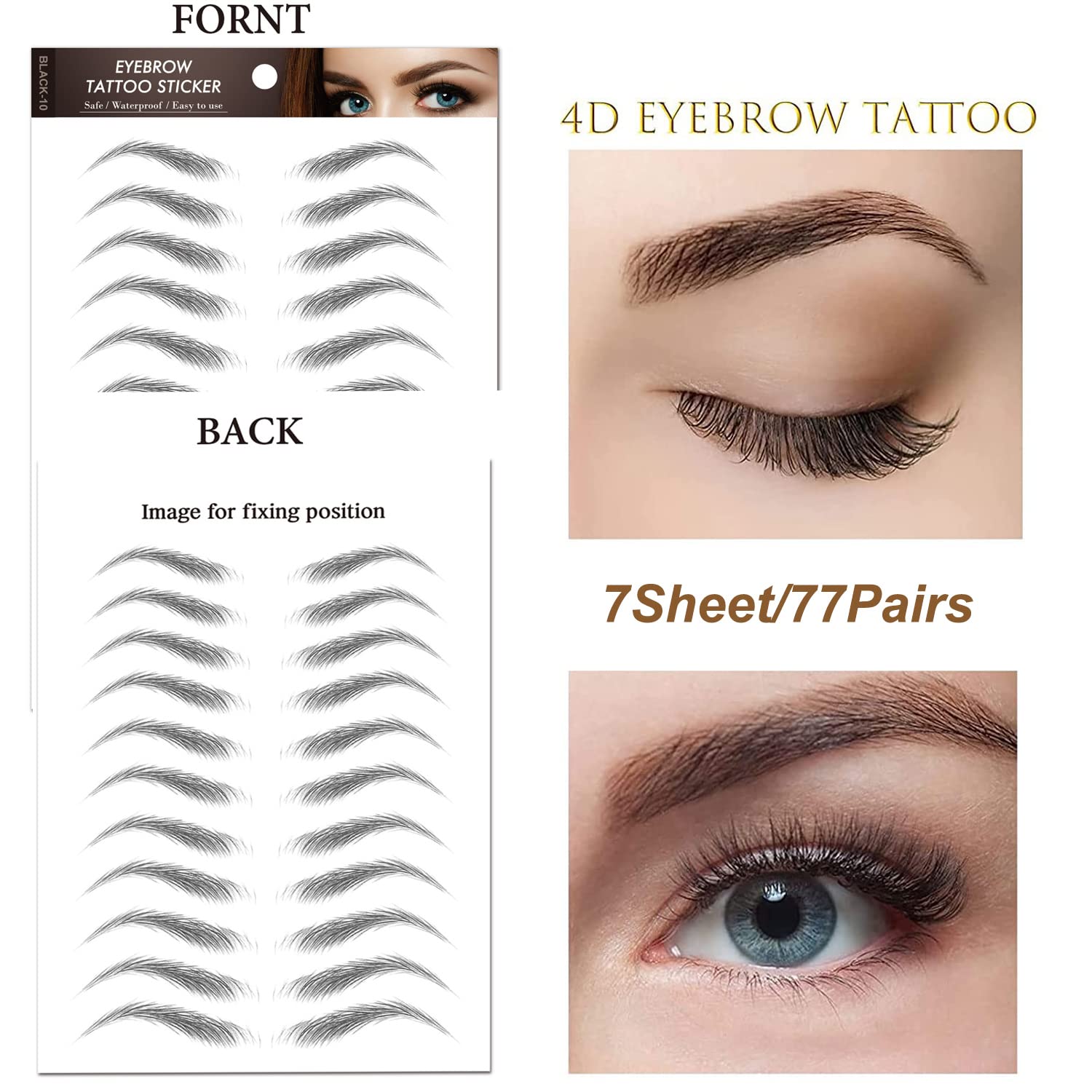 77Pairs Eyebrow Tattoo Stickers 4D Hair-like Waterproof Natural Fake Eyebrow Stickers,Long Lasting Eyebrow Grooming Shaping Perfect for Women and Girls (Black)-1