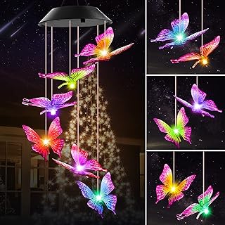 Women Stocking Stuffers Thanksgiving Decorations Christmas Solar Lights Outdoor Gifts for Mom Grandma Wife, Winzwon Butterfly Wind Chimes Waterproof for Outside Garden Patio Yard Porch