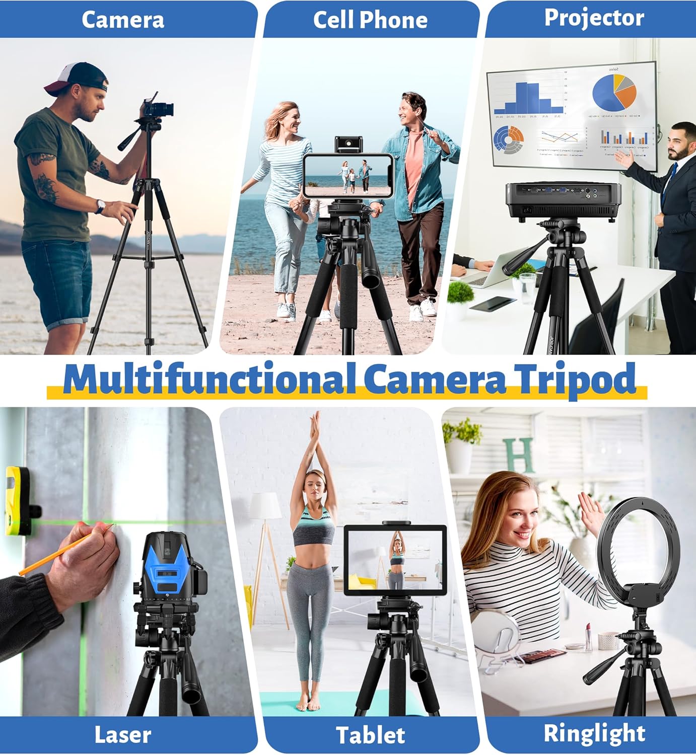 JOILCAN Tripod for Camera, Camera Tripod 67" Heavy Duty Tripod, Phone Tripod for Video Recording Photo Vlog, Aluminum Camera Tripods with Holder & Travel Bag for Camera DSLR iPhone Projector Laser-3