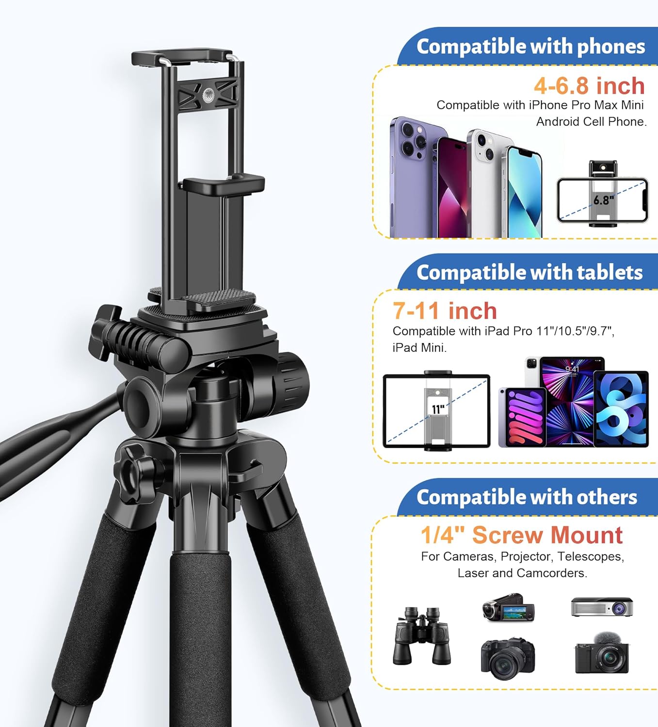 JOILCAN Tripod for Camera, Camera Tripod 67" Heavy Duty Tripod, Phone Tripod for Video Recording Photo Vlog, Aluminum Camera Tripods with Holder & Travel Bag for Camera DSLR iPhone Projector Laser-5