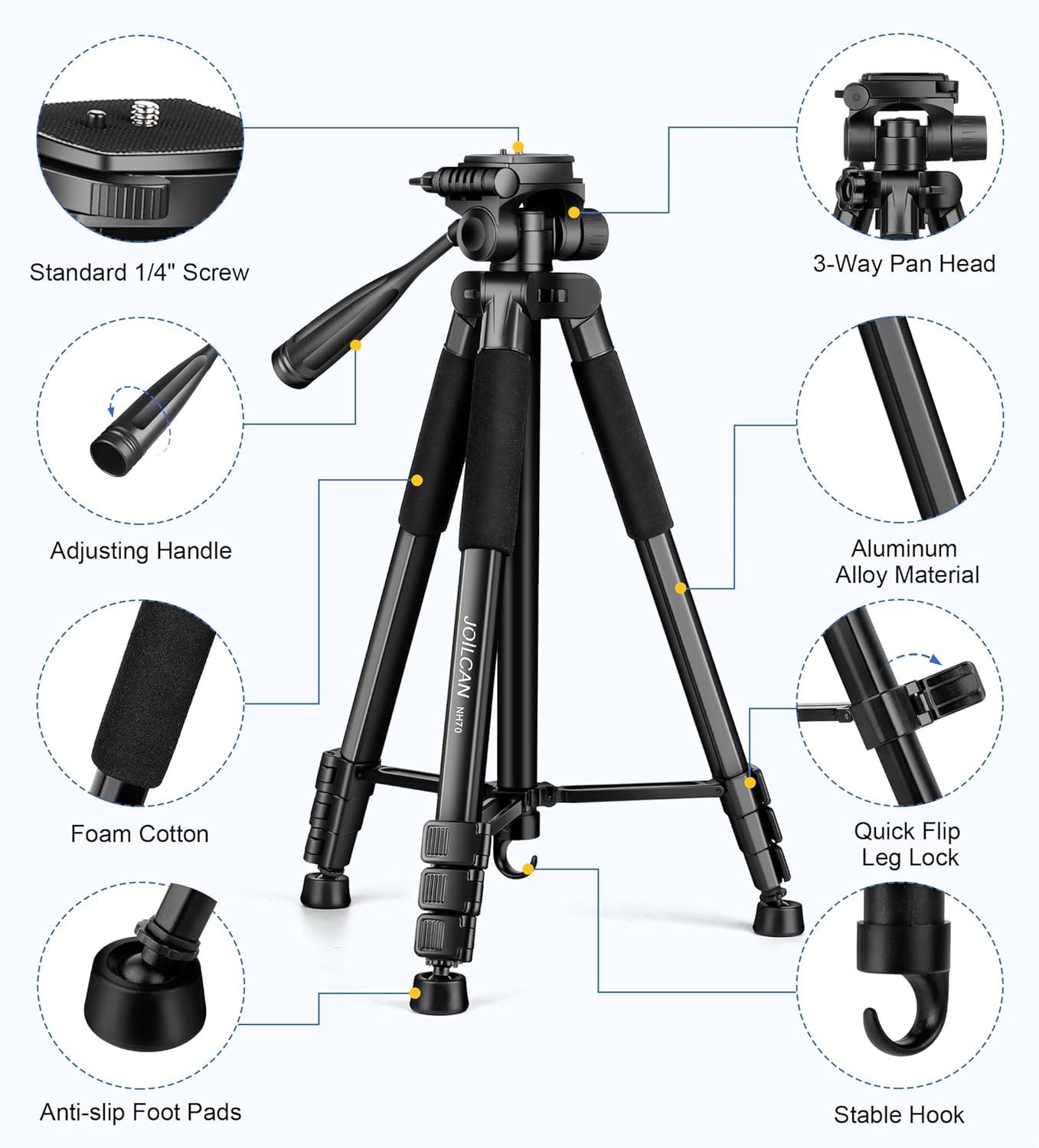 JOILCAN Tripod for Camera, Camera Tripod 67" Heavy Duty Tripod, Phone Tripod for Video Recording Photo Vlog, Aluminum Camera Tripods with Holder & Travel Bag for Camera DSLR iPhone Projector Laser-6