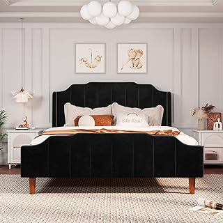 Allewie Queen Size Velvet Bed Frame Upholstered Platform Bed with Vertical Headboard and Footboard, Solid Wood Leg and Strong Slats Support, No Box Spring Needed, Easy Assembly, Black