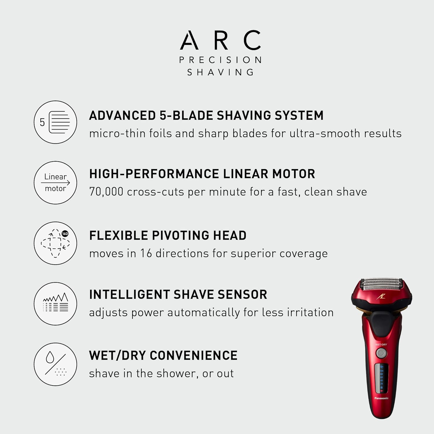 Panasonic ARC5 Electric Razor for Men with Pop-up Trimmer, Wet Dry 5-Blade Electric Shaver with Intelligent Shave Sensor and 16D Flexible Pivoting Head - ES-ALV6HR (Red)-1