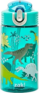 Zak Designs Kids Water Bottle For School or Travel, 16oz Durable Plastic Water Bottle With Straw, Handle, and Leak-Proof, Pop-Up Spout Cover (Dinosaur)