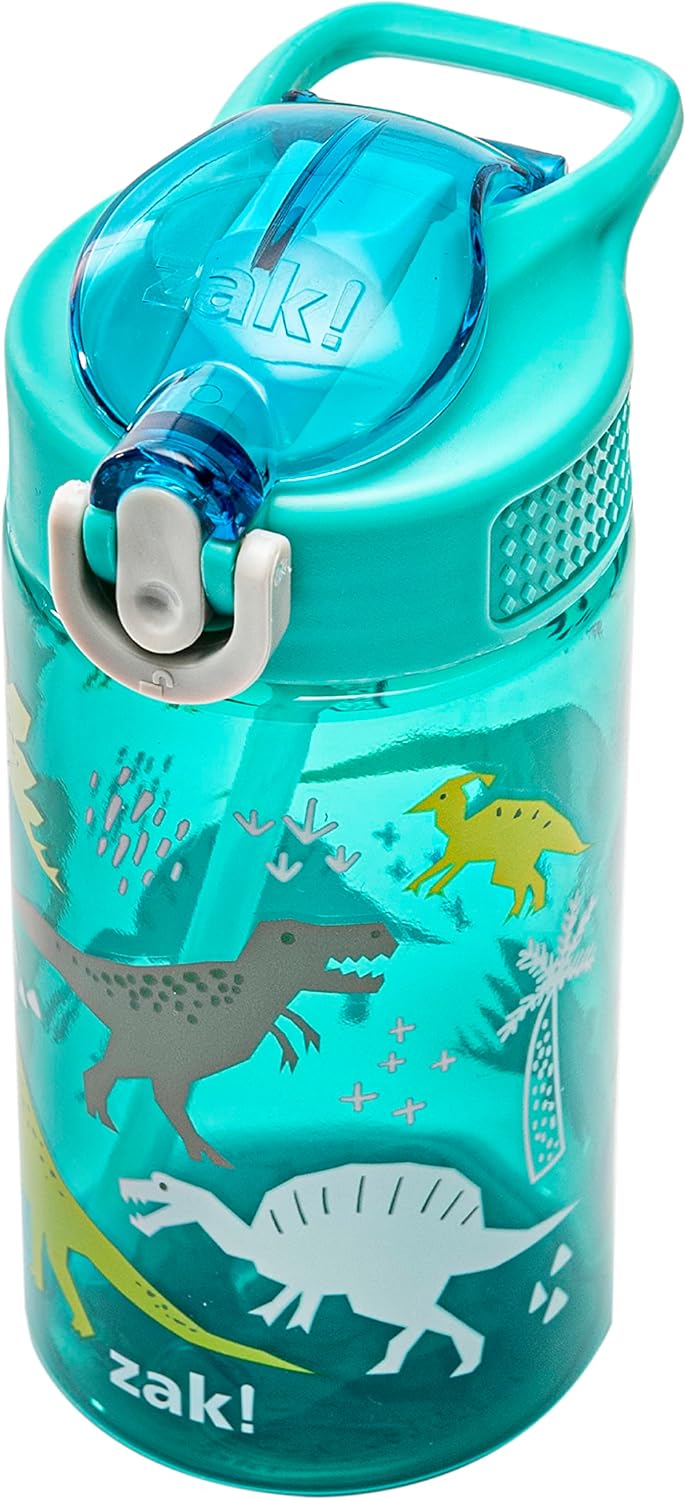 Zak Designs Kids Water Bottle For School or Travel, 16oz Durable Plastic Water Bottle With Straw, Handle, and Leak-Proof, Pop-Up Spout Cover (Dinosaur)-1