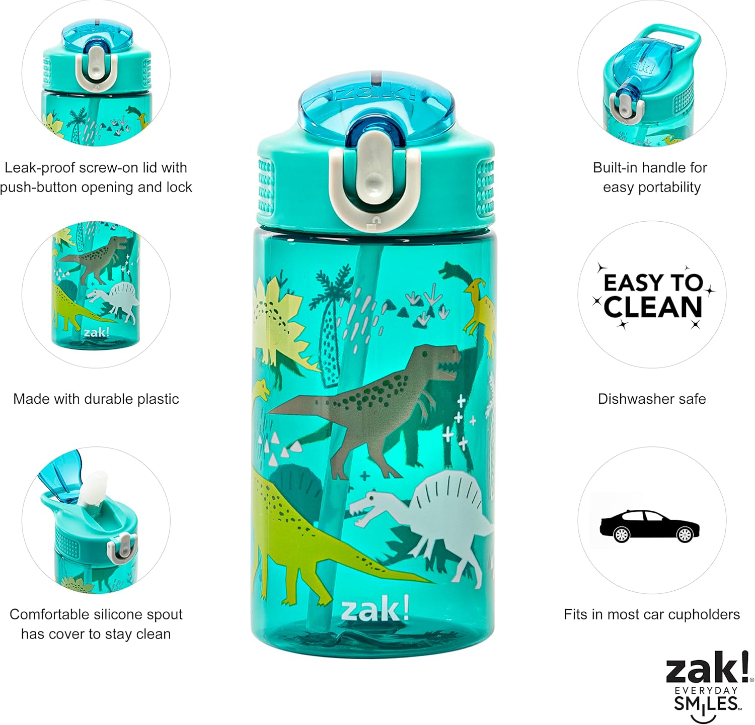 Zak Designs Kids Water Bottle For School or Travel, 16oz Durable Plastic Water Bottle With Straw, Handle, and Leak-Proof, Pop-Up Spout Cover (Dinosaur)-4