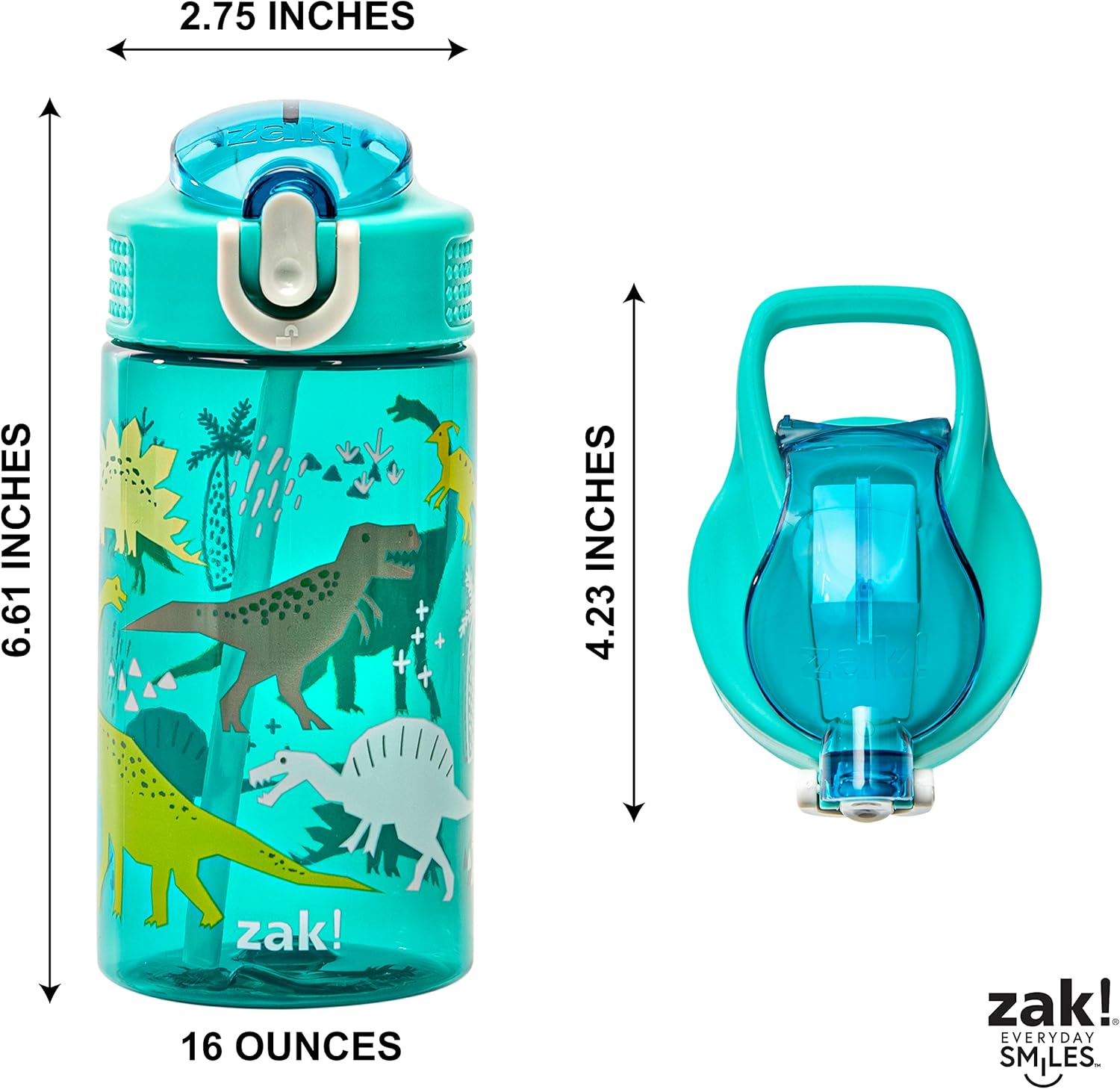 Zak Designs Kids Water Bottle For School or Travel, 16oz Durable Plastic Water Bottle With Straw, Handle, and Leak-Proof, Pop-Up Spout Cover (Dinosaur)-5