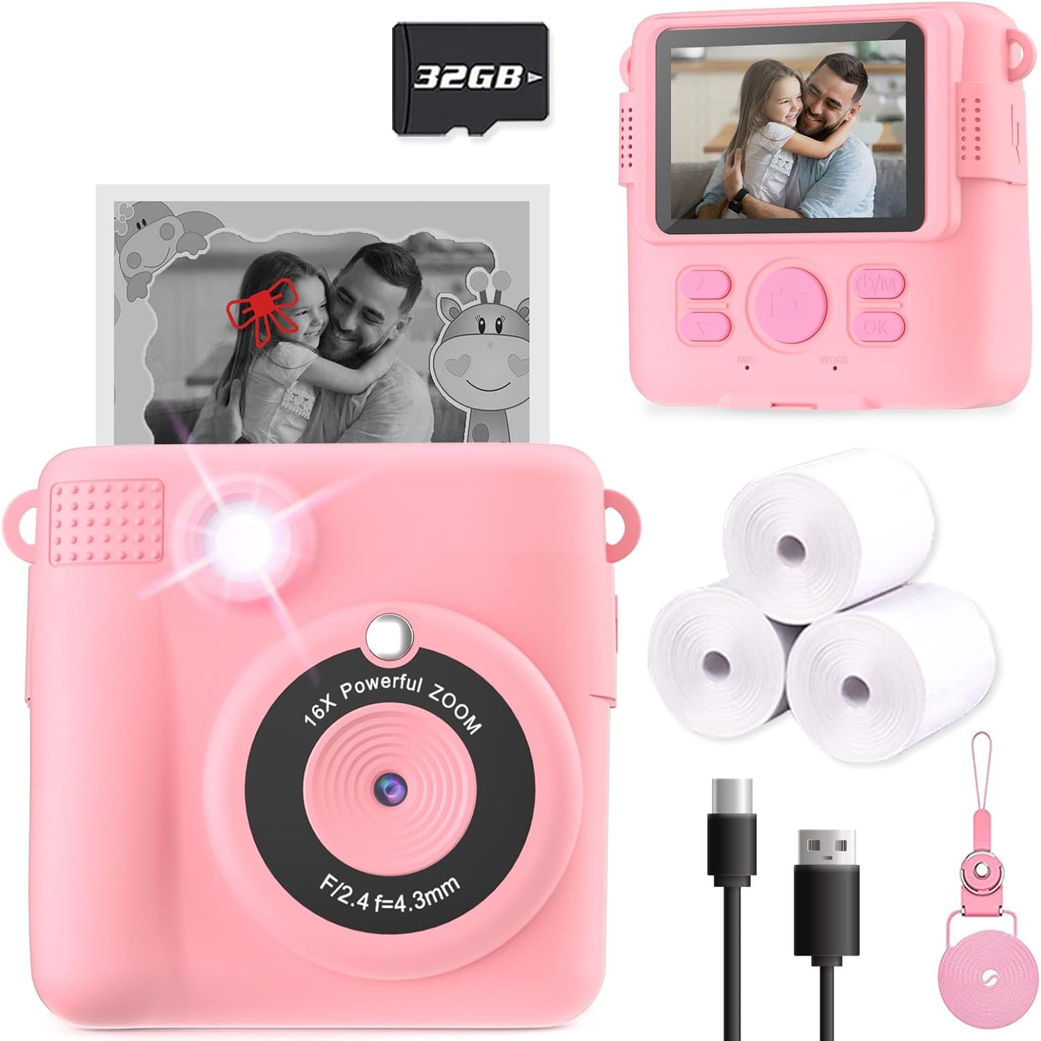 Instant Print Camera for Kids, Christmas Birthday Gifts Girls Boys Age 3-12, HD Digital Video Cameras Toddler, Portable Toy 3 4 5 6 7 8 9 10 Year Old Girl with 32GB SD Card-Pink-0